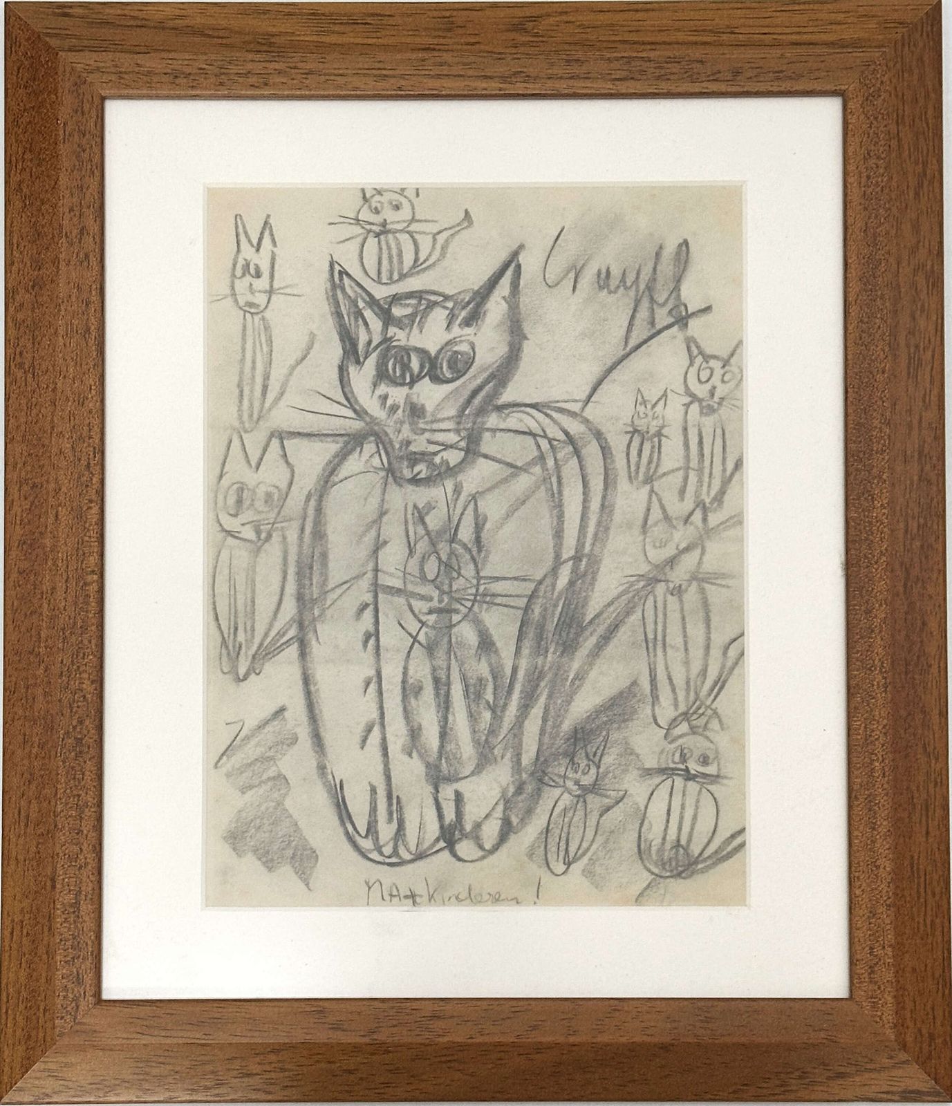 Expressive Cat With Kittens Drawing Framed, Dutch 1966
