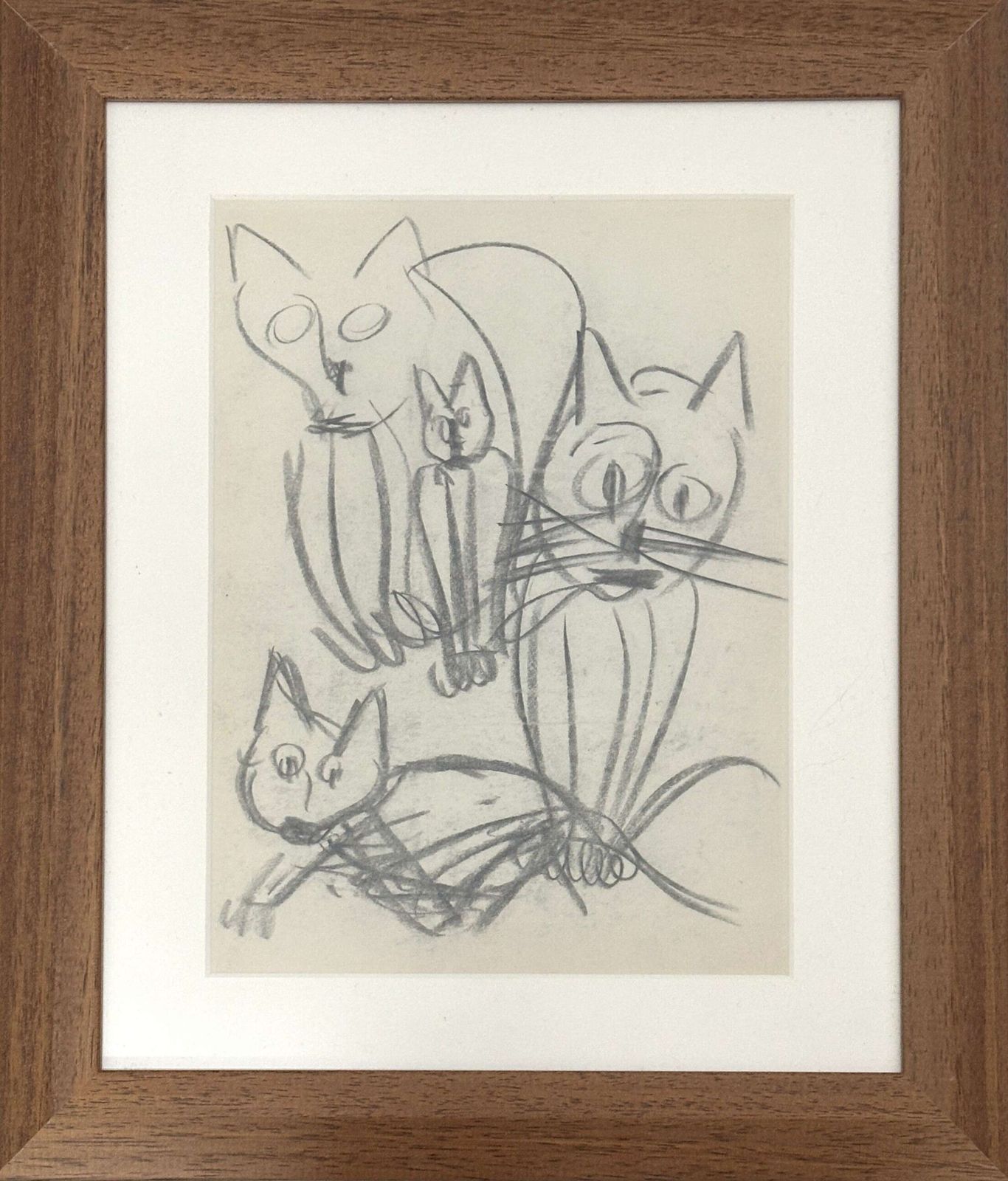 Expressive Cat With Kittens Drawing Framed, Dutch 1966 photo vintage