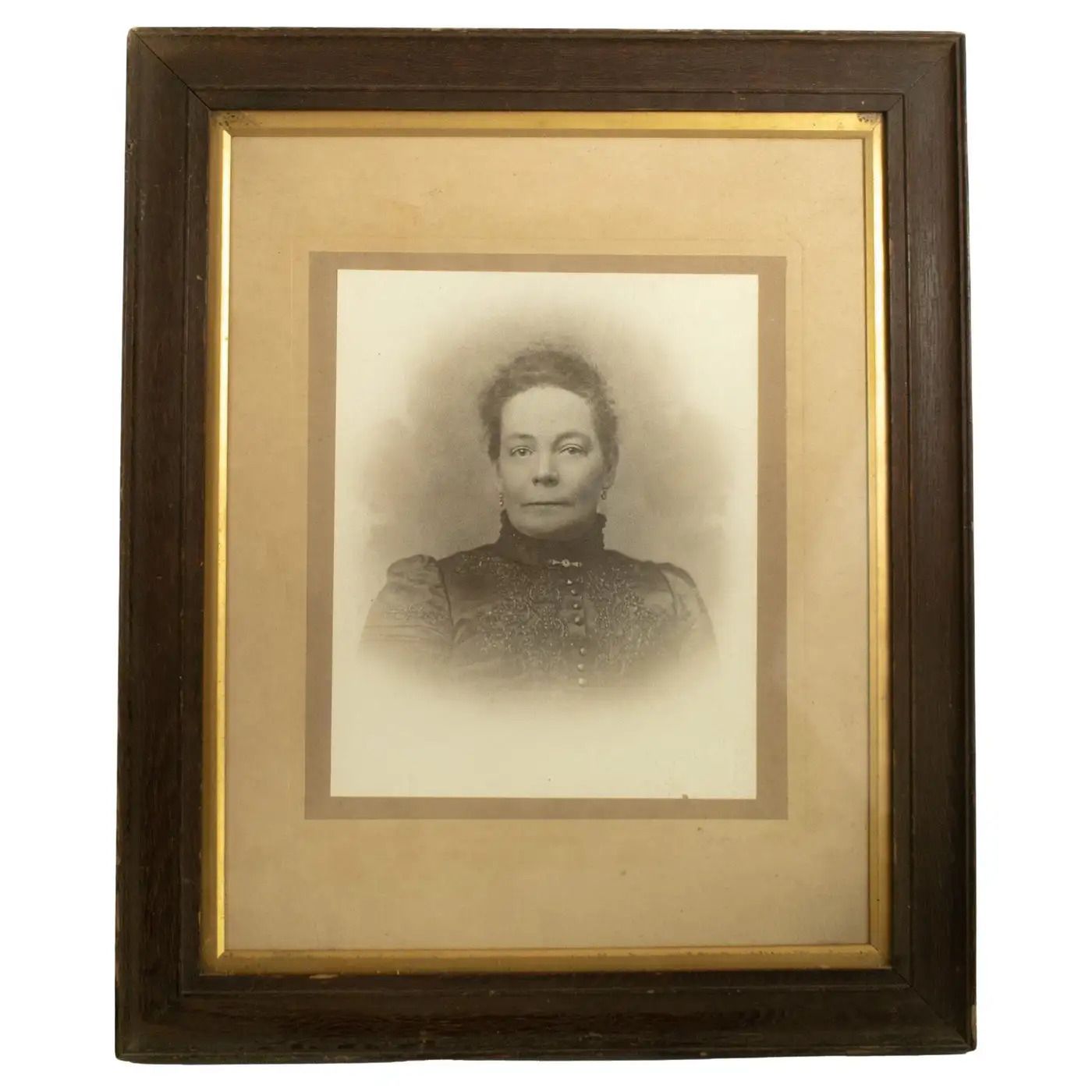 Grand portrait photographique d'une noble dame en cadre de chêne, français