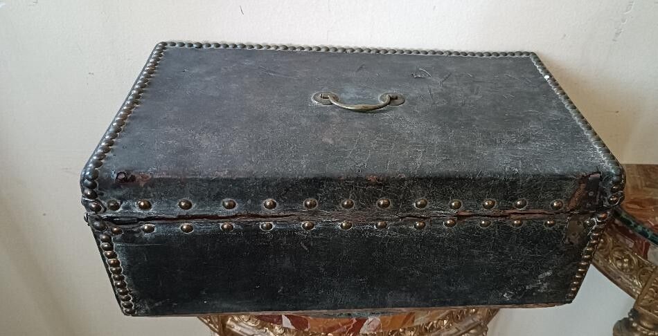 Furniture A Leather Covered Chest/Trunk Adorned With Metal Inlays. 17th Century, 45 X 26 X 19 Cm. photo