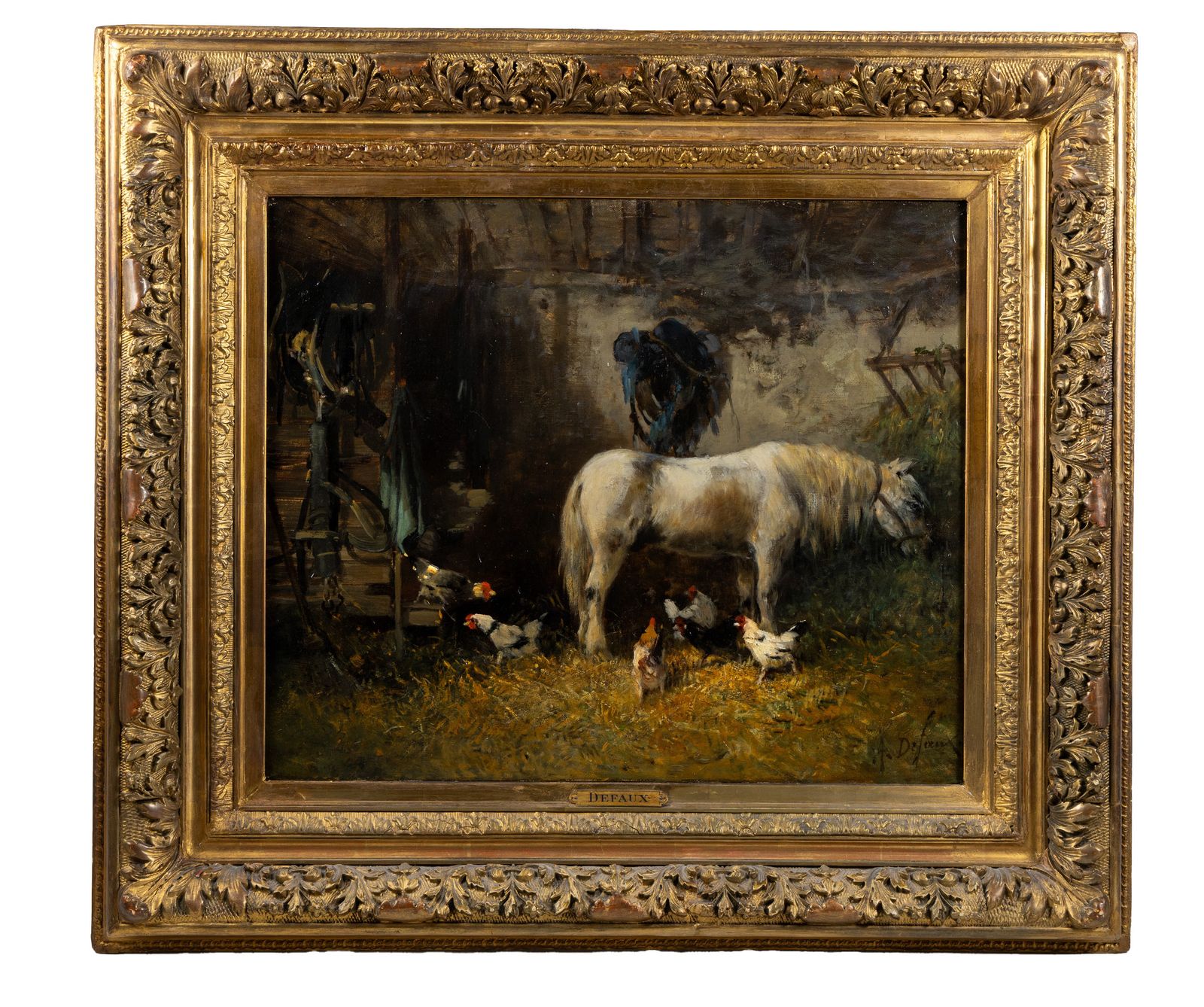 Alexandre Defaux (French, 1826–1900): “Poney à L’étable Avec Des Poules” Oil On Canvas