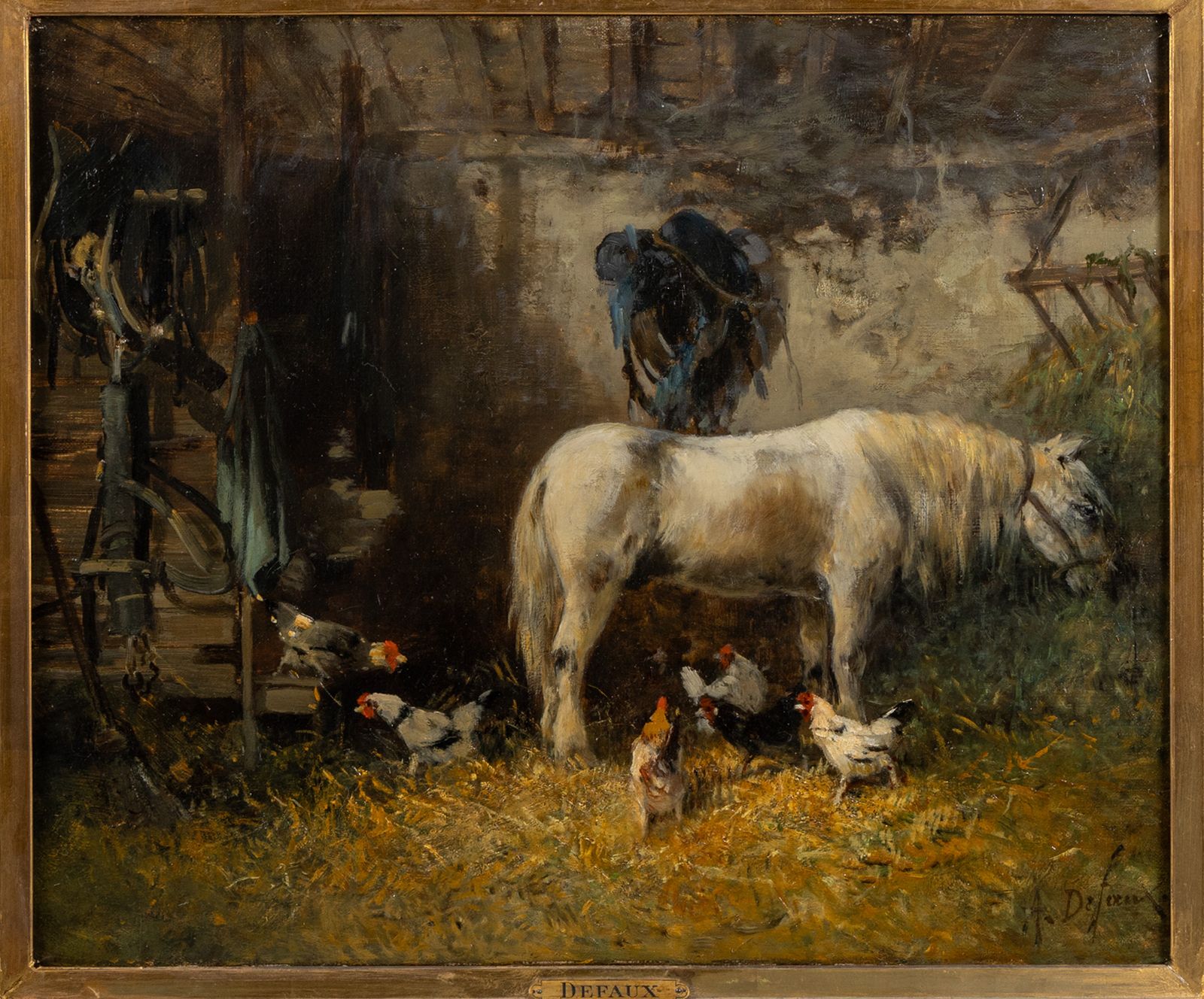 Alexandre Defaux (French, 1826-1900) : « Poney à L'étable Avec Des Poules », huile sur toile photo for sale