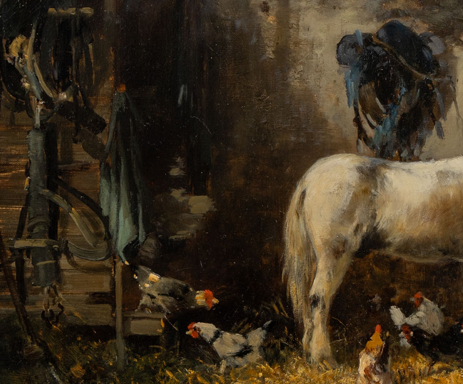 Alexandre Defaux (French, 1826-1900) : « Poney à L'étable Avec Des Poules », huile sur toile photo Art