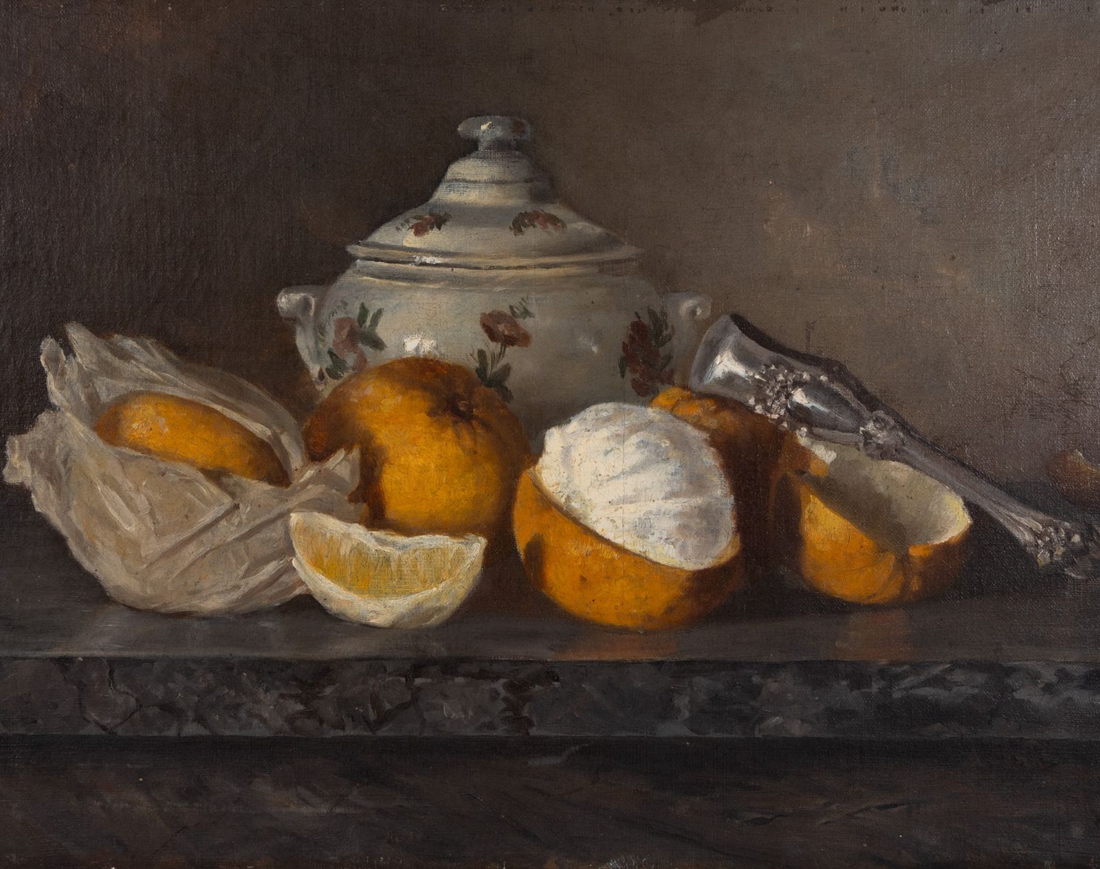 Original Antique French 19th Century Still Life Painting On Canvas, Signed – Oranges photo furniture