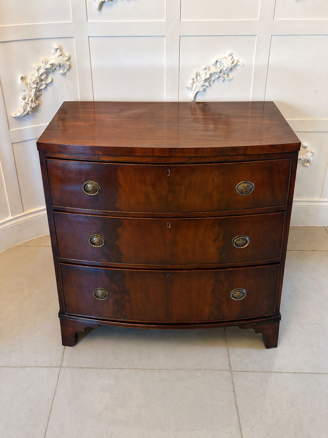 Antique 19th Century Bow Front Chest Of Drawers Figured Mahogany Brass Handles photo 1685.0