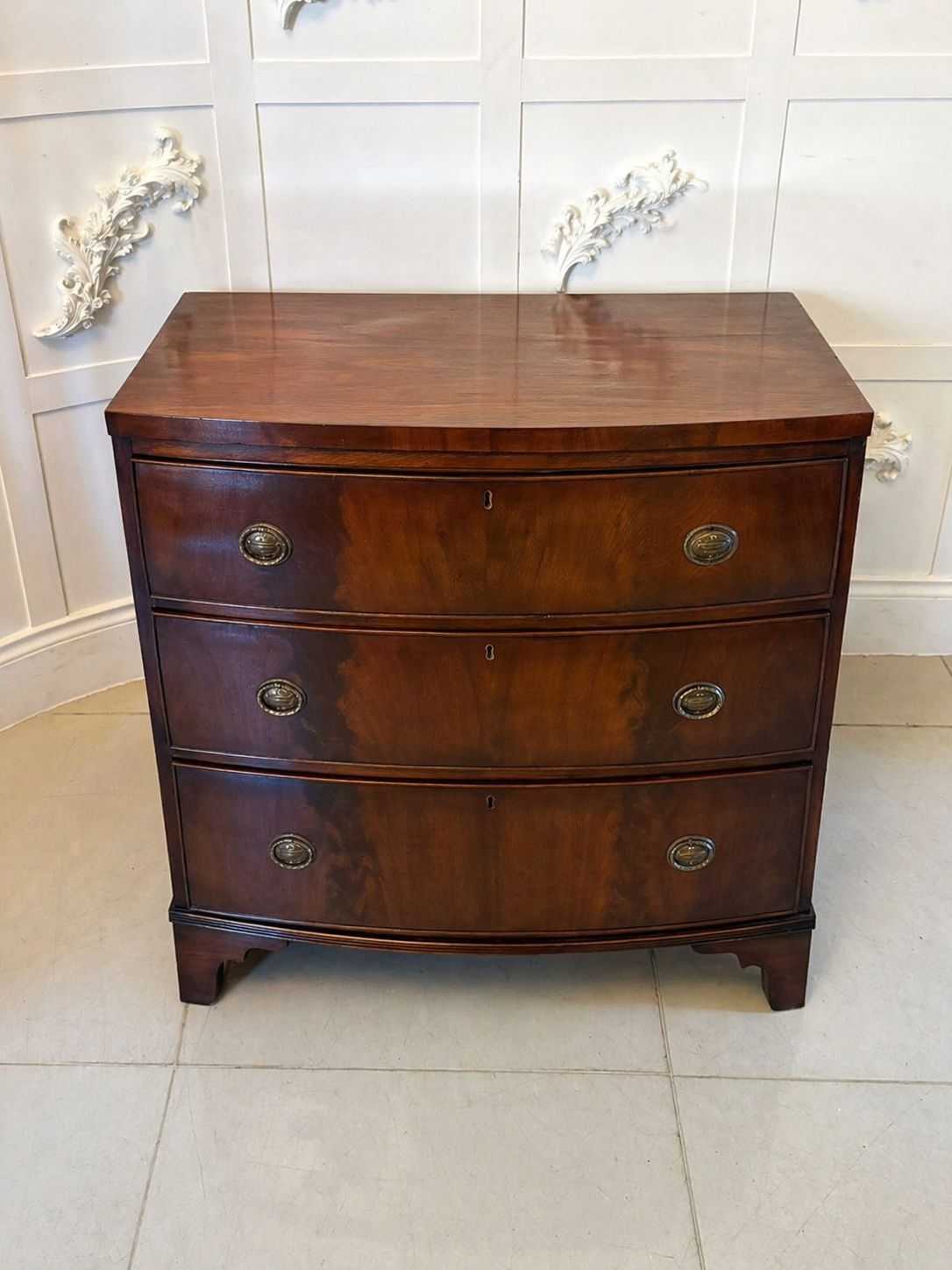 Antique 19th Century Bow Front Chest Of Drawers Figured Mahogany Brass Handles
