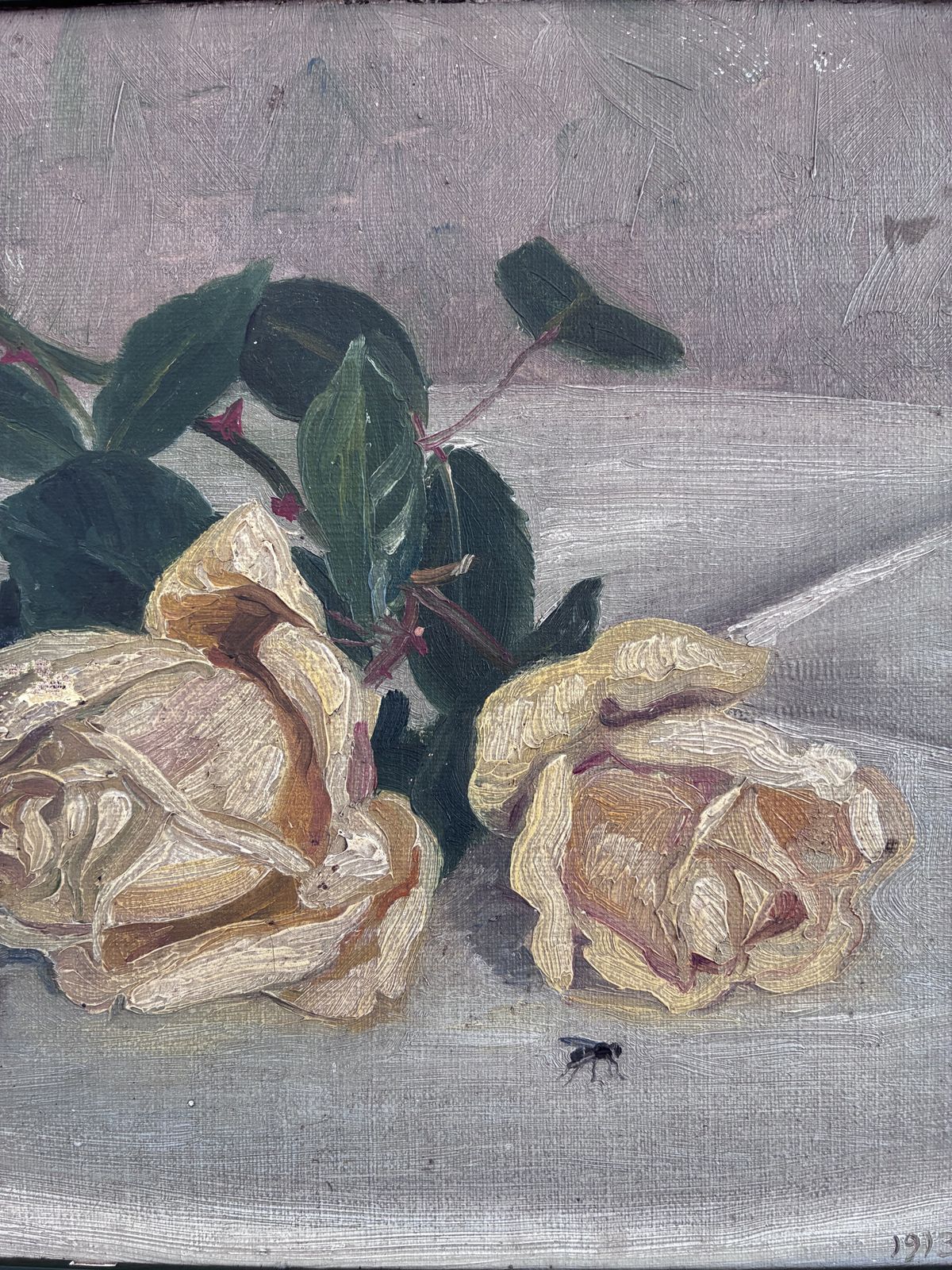Antiek bloemenschilderij in olieverf, gele rozen stilleven photo furniture