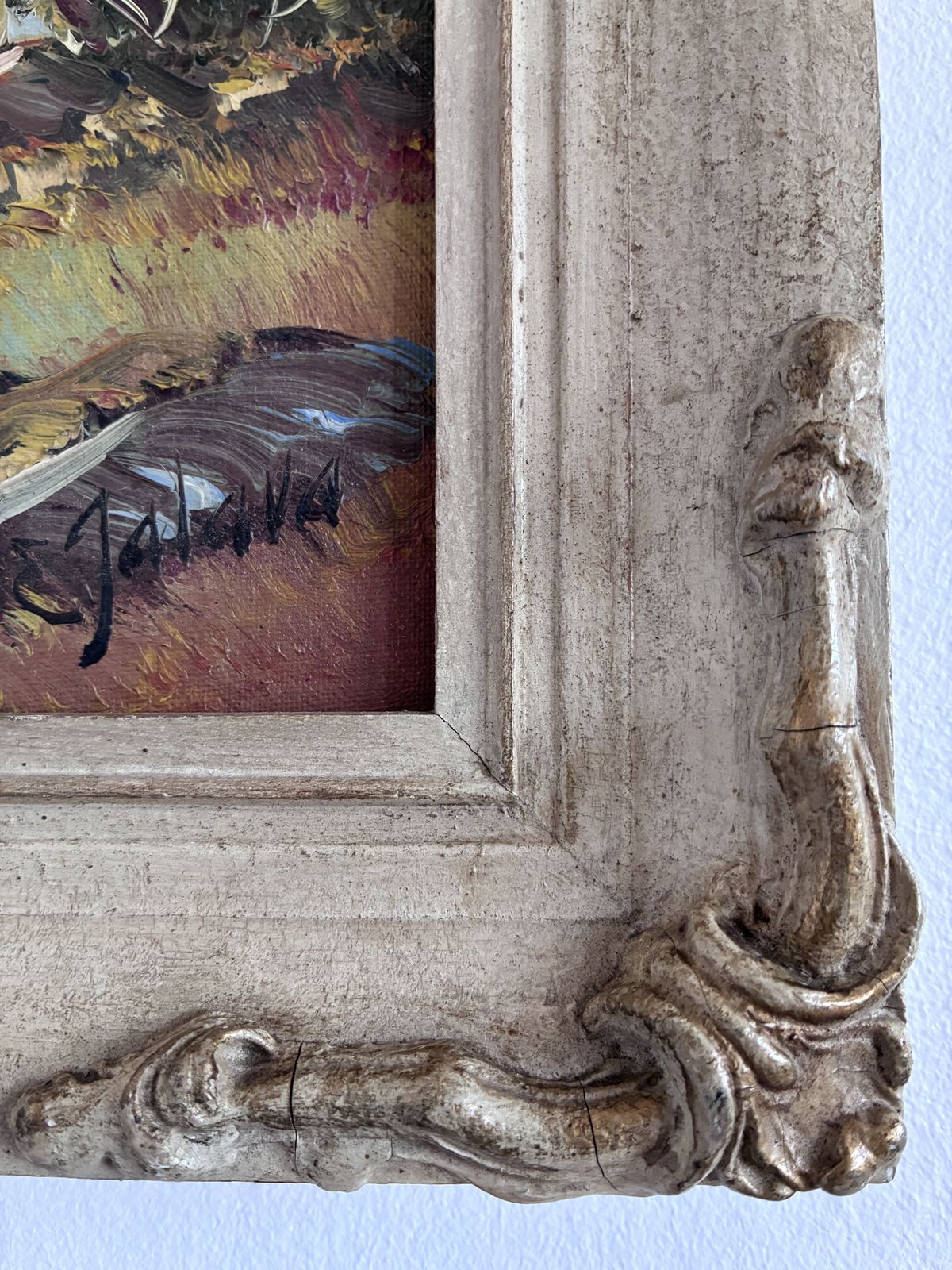 Peinture à l'huile vintage, paysage de montagne et rivière, encadrée photo 379.0