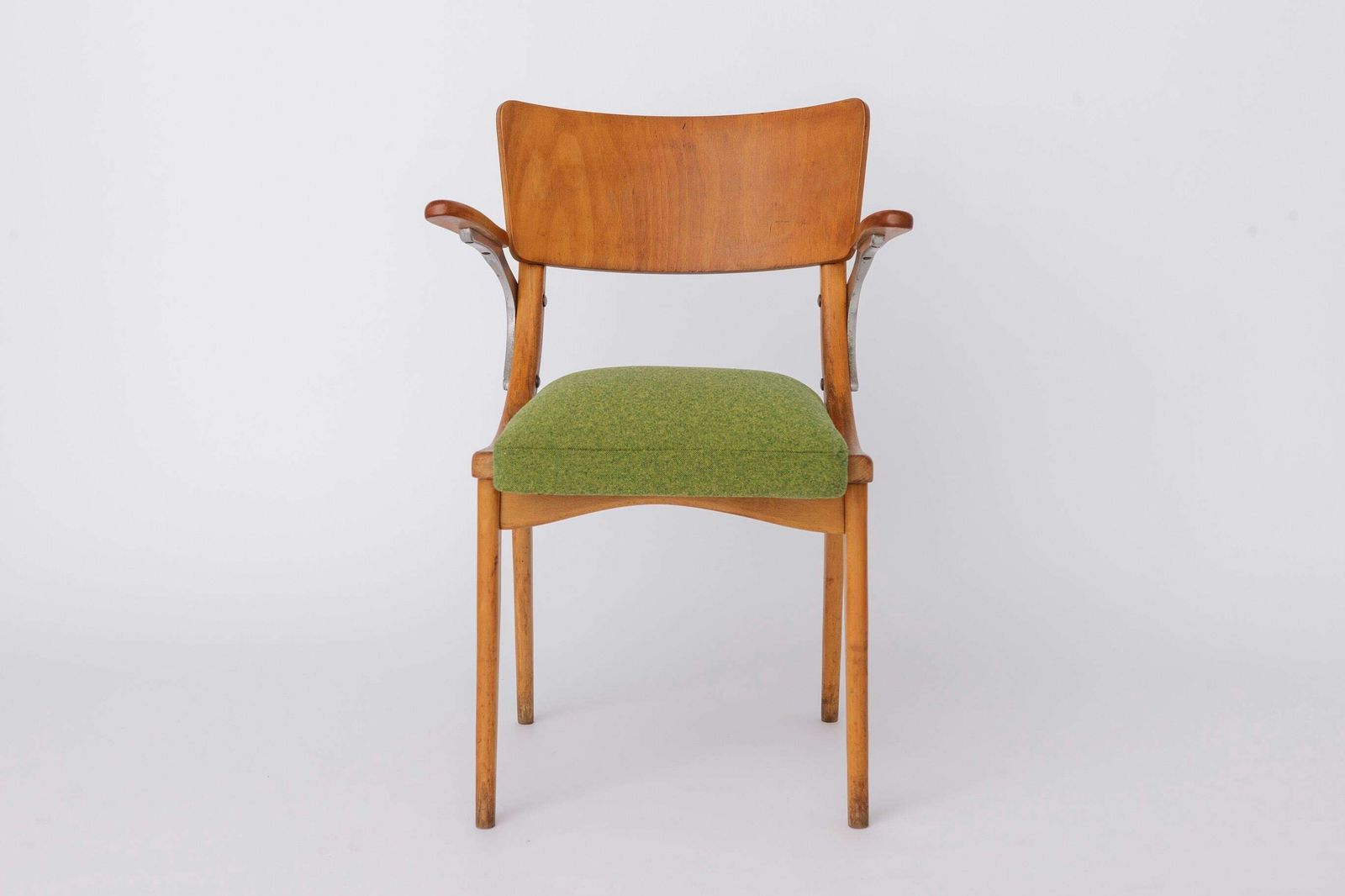 Vintage Armchair 1950s Germany, Beech Wood Chair, Restored & Reupholstered, Light Green Seat, Mid Century Modern