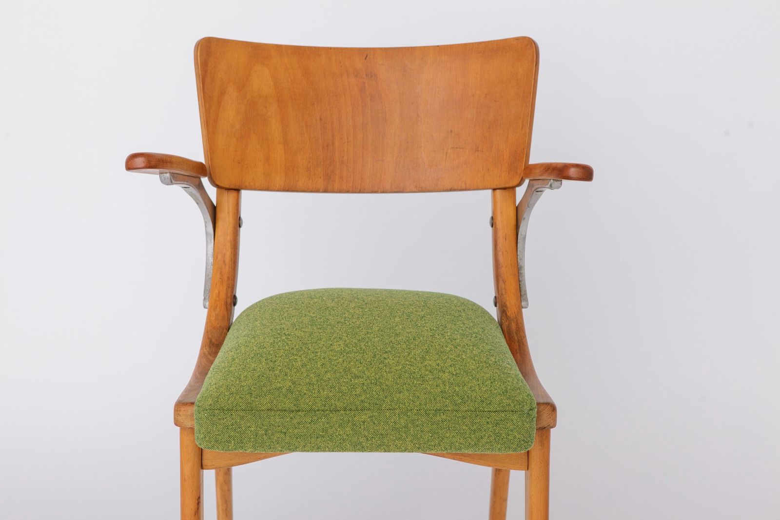 Vintage Armchair 1950s Germany, Beech Wood Chair, Restored & Reupholstered, Light Green Seat, Mid Century Modern photo furniture