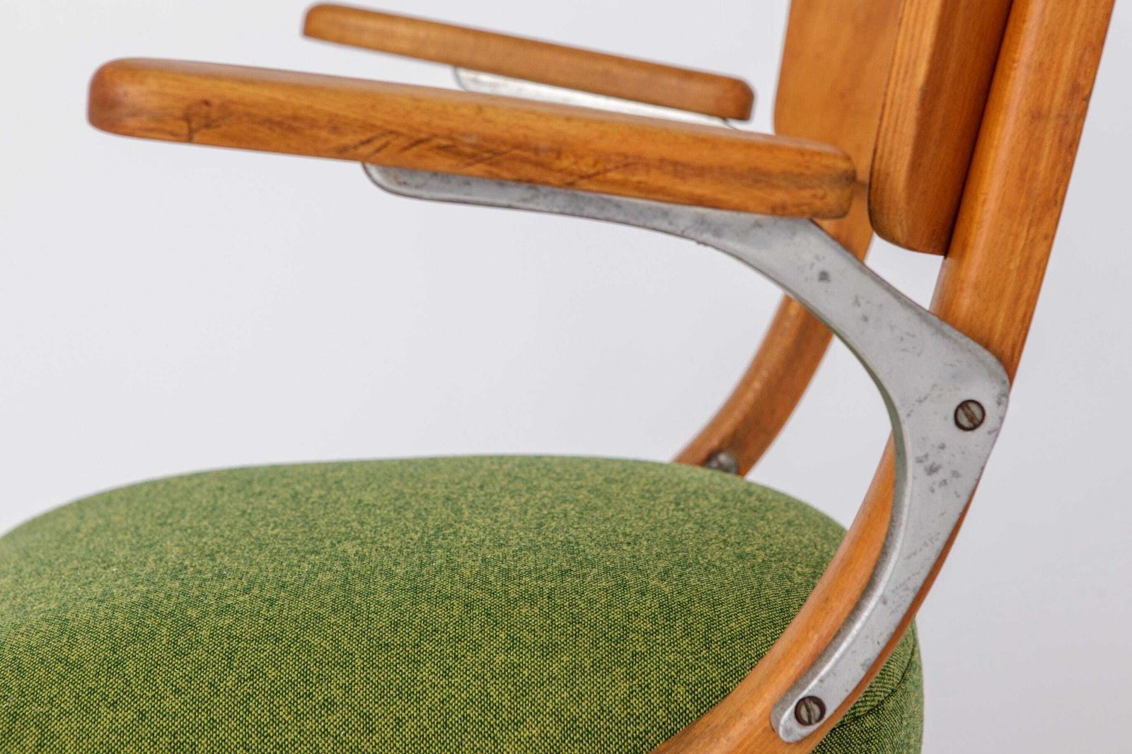 Vintage Armchair 1950s Germany, Beech Wood Chair, Restored & Reupholstered, Light Green Seat, Mid Century Modern photo vinterior