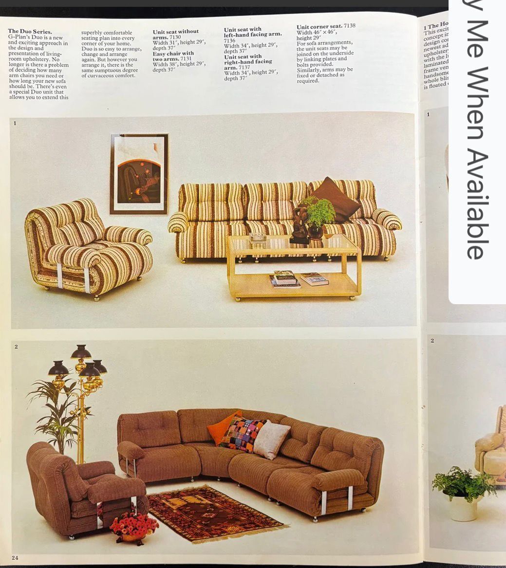 Mid Century G Plan Duo Modular Armchairs/Sofa Geometric Brown Chevron Pattern Retro Mcm photo vintage