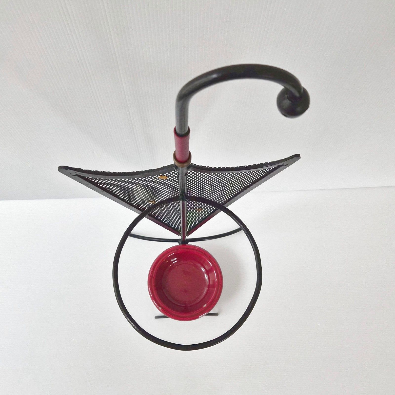 photo for sale Vintage 1950s Metal Leather & Ceramic Burgundy Umbrella Stand 50s Rockabilly