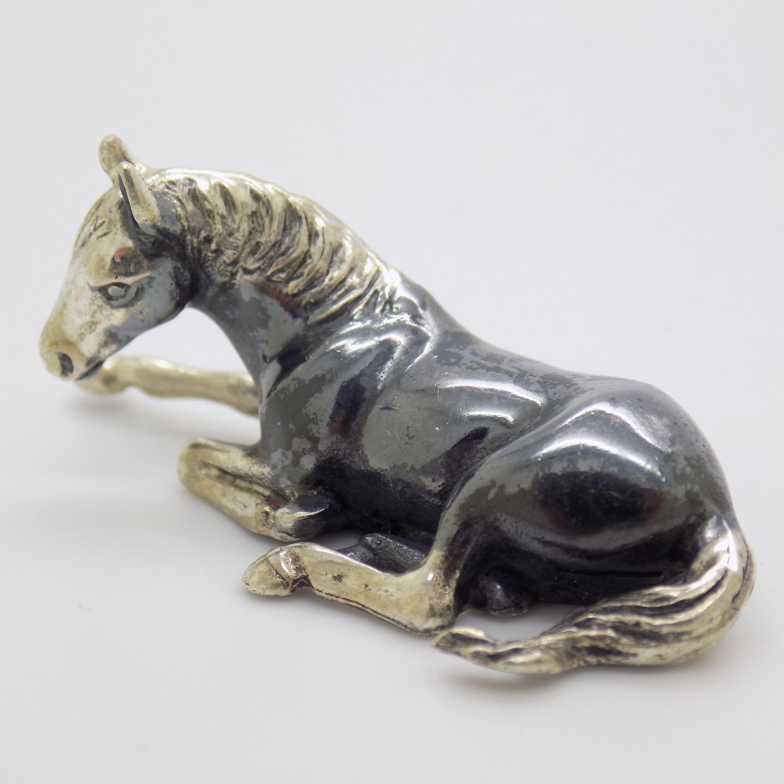 Vintage Italian Handmade Genuine Silver Saturno Branded Sitting Horse Figurine, 1980s photo for sale