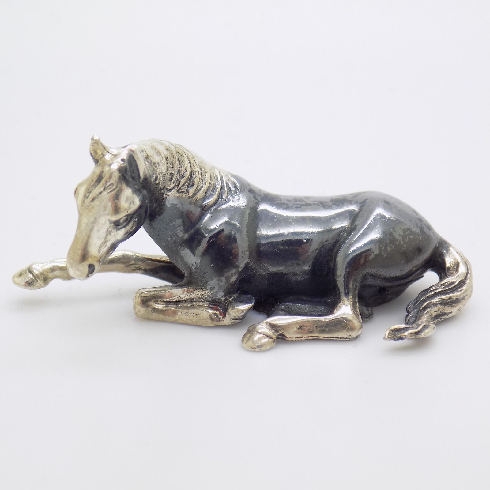 201.0 Vintage Italian Handmade Genuine Silver Saturno Branded Sitting Horse Figurine, 1980s photo
