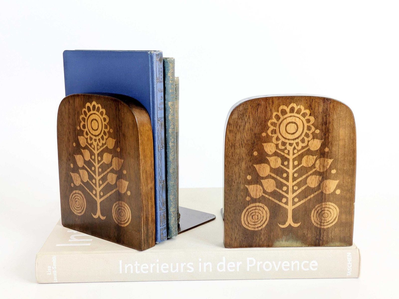 Pair Of Vintage Wood Bookends, 1970s Midcentury Floral Design Library Shelf Decor photo furniture