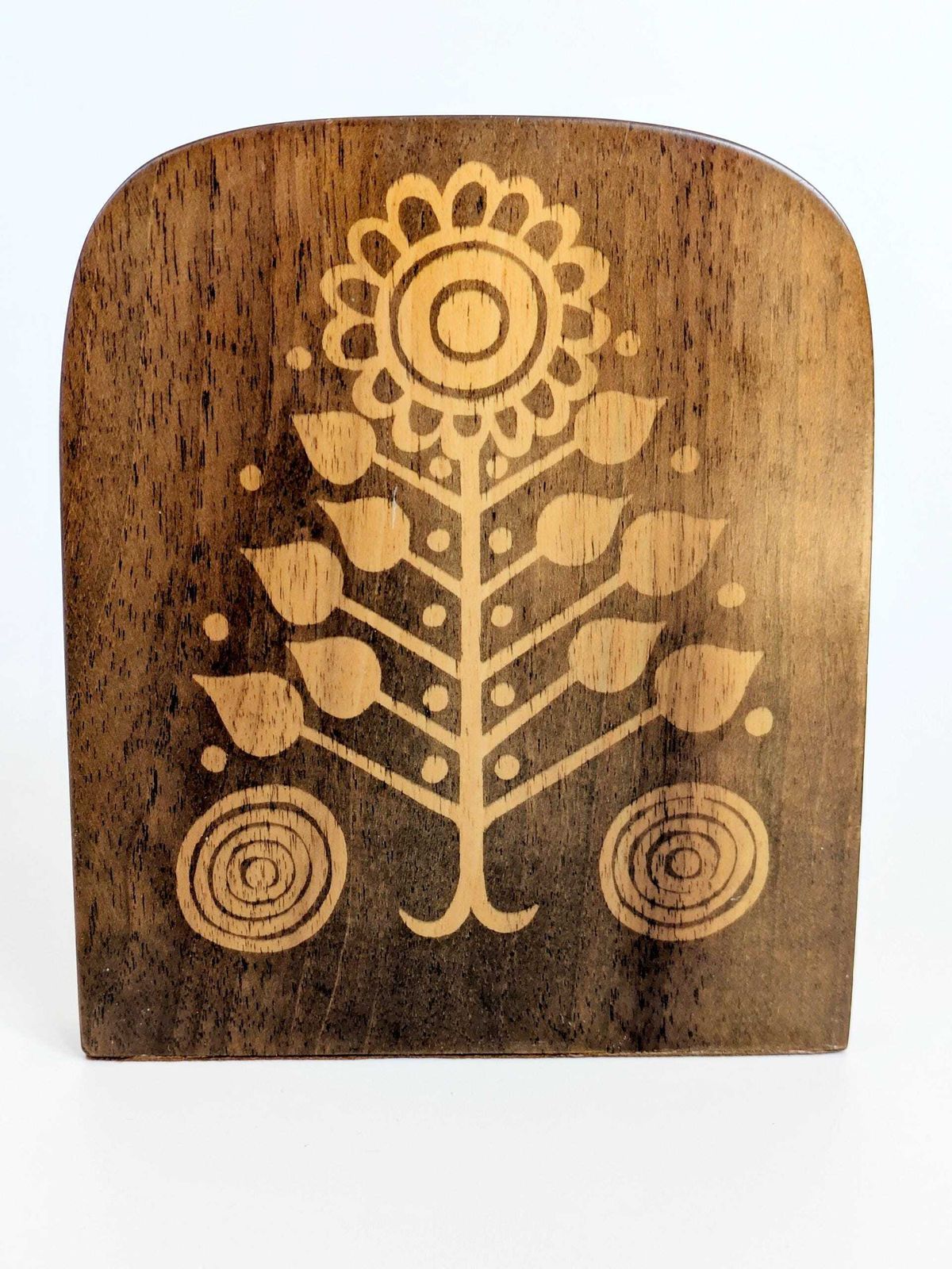 Pair Of Vintage Wood Bookends, 1970s Midcentury Floral Design Library Shelf Decor photo vinterior