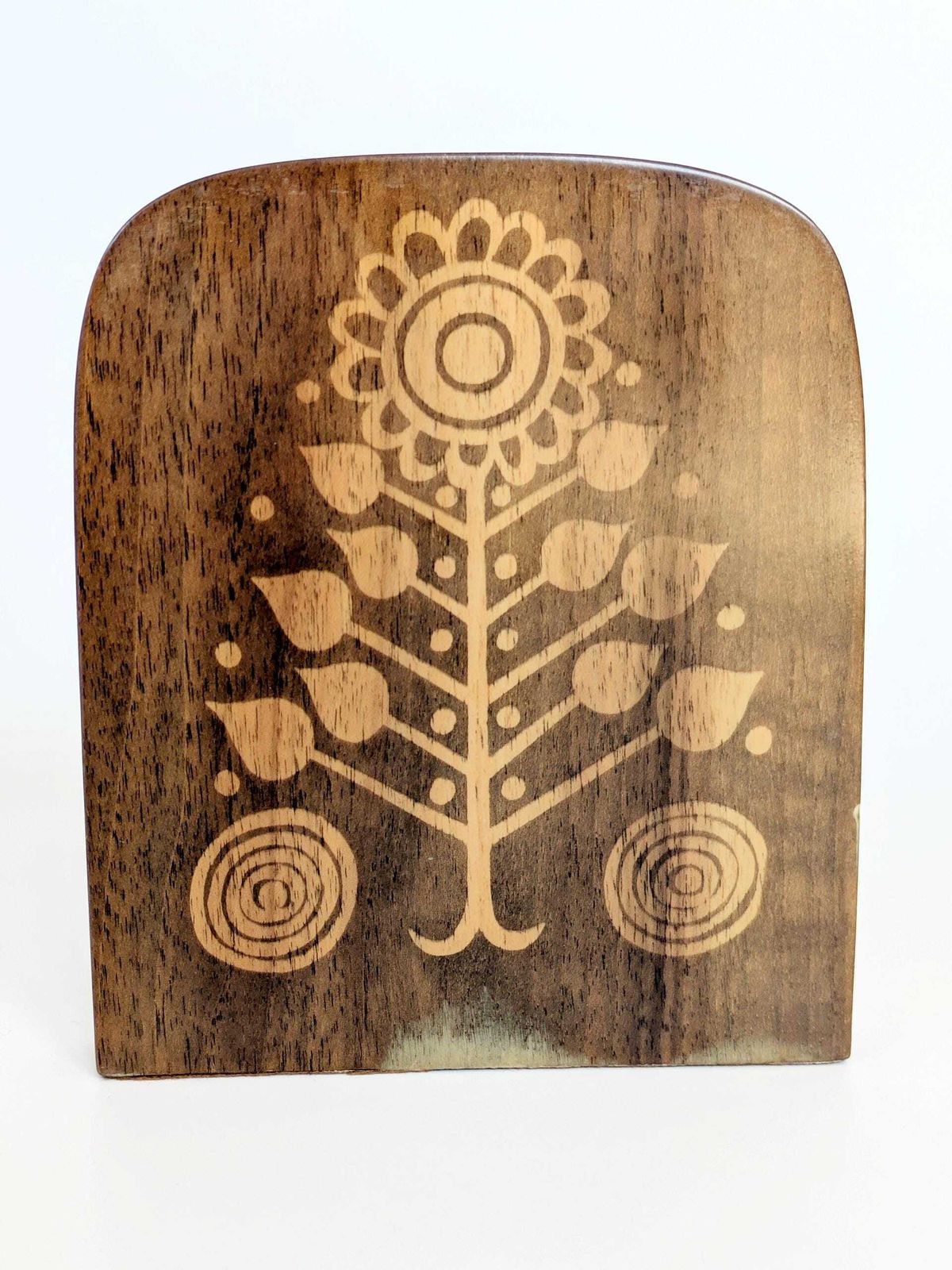Pair Of Vintage Wood Bookends, 1970s Midcentury Floral Design Library Shelf Decor photo vintage