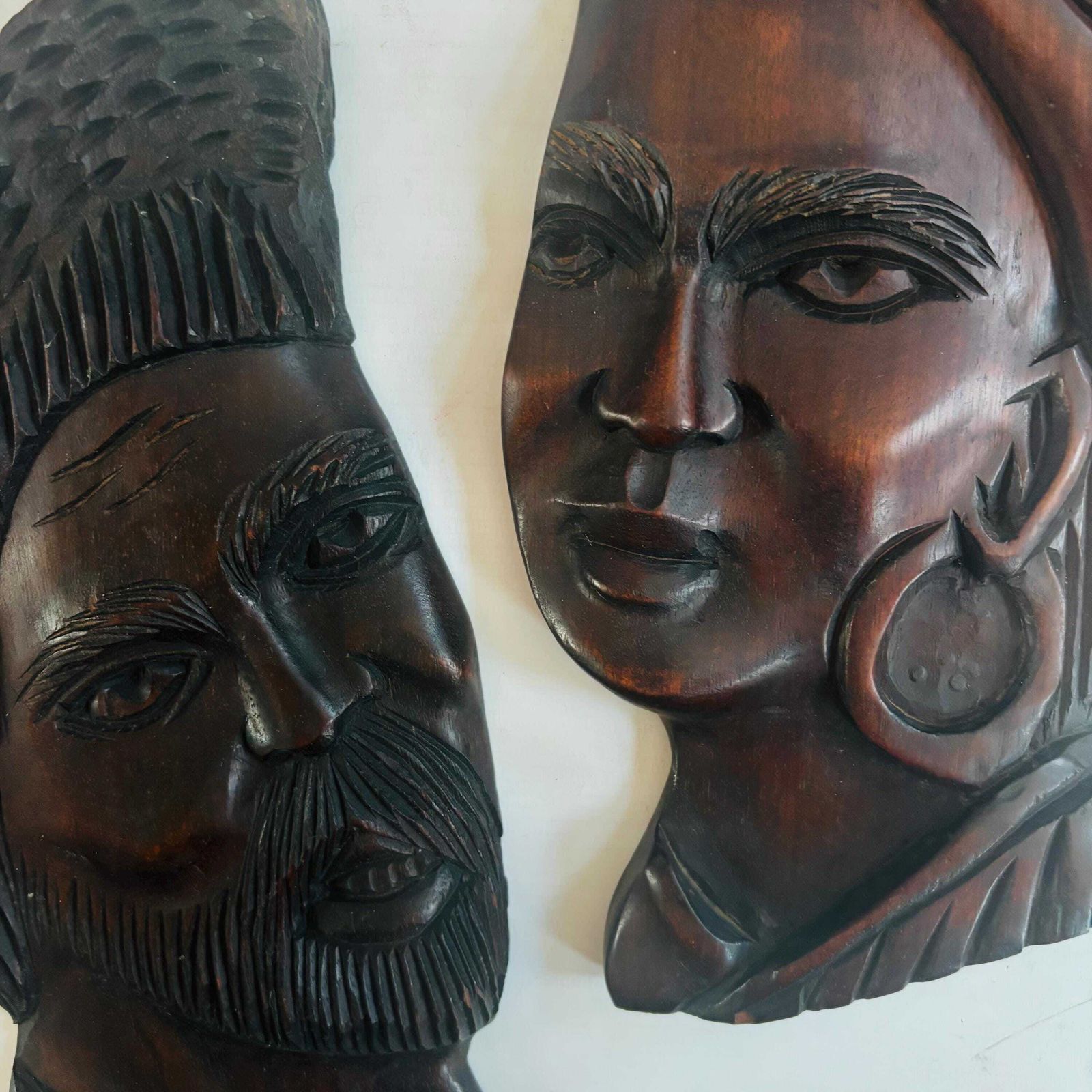 photo furniture Pair Of Mid Century Brazilian Hand Carved Hardwood Wall Plaques – "Baiana" & Male Figure Afro Brazil