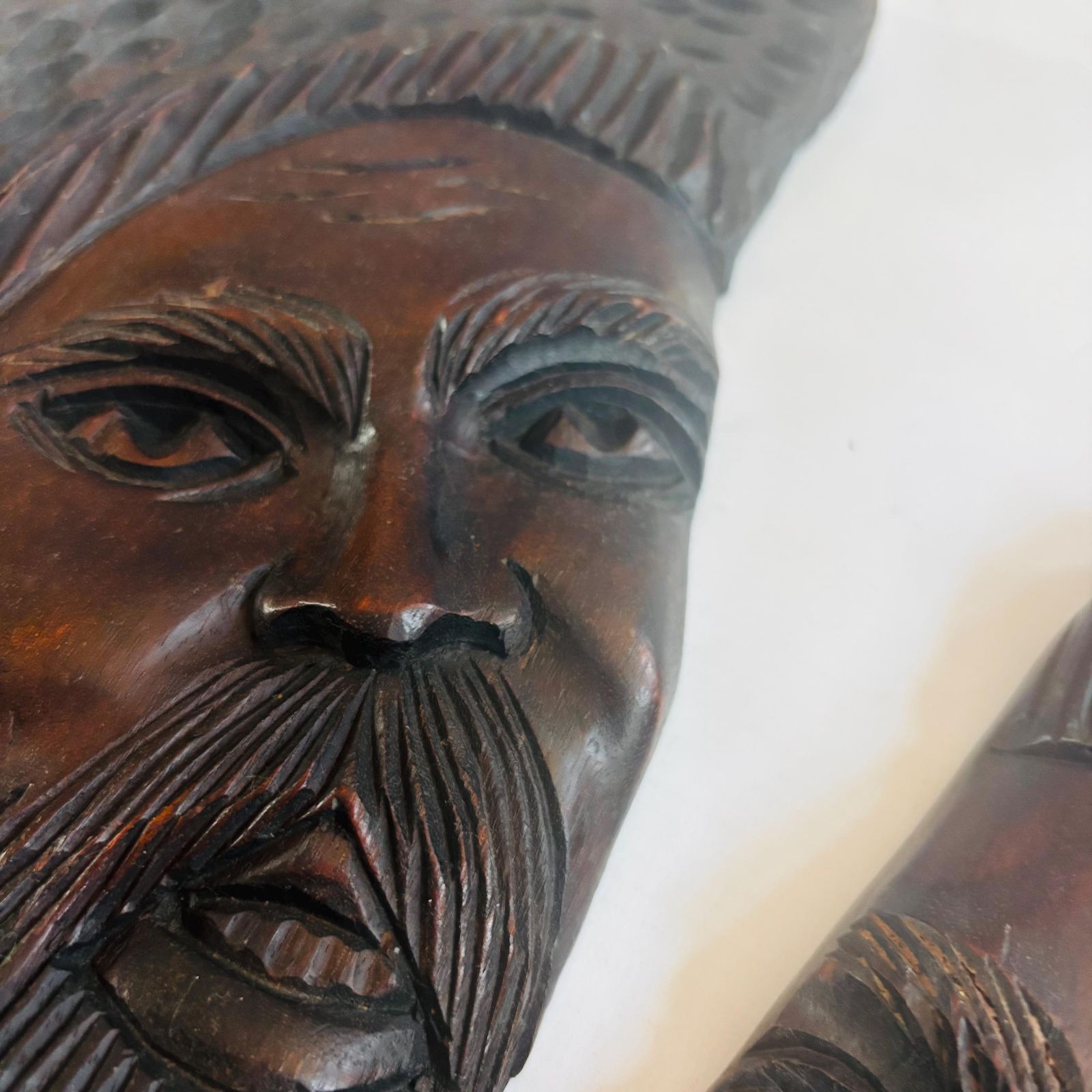 photo vinterior Pair Of Mid Century Brazilian Hand Carved Hardwood Wall Plaques – "Baiana" & Male Figure Afro Brazil