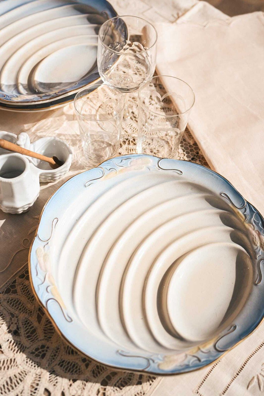 Antique French Barbotine Asparagus Plate | Art Nouveau | Blue Gold Rim | Late 19th Century