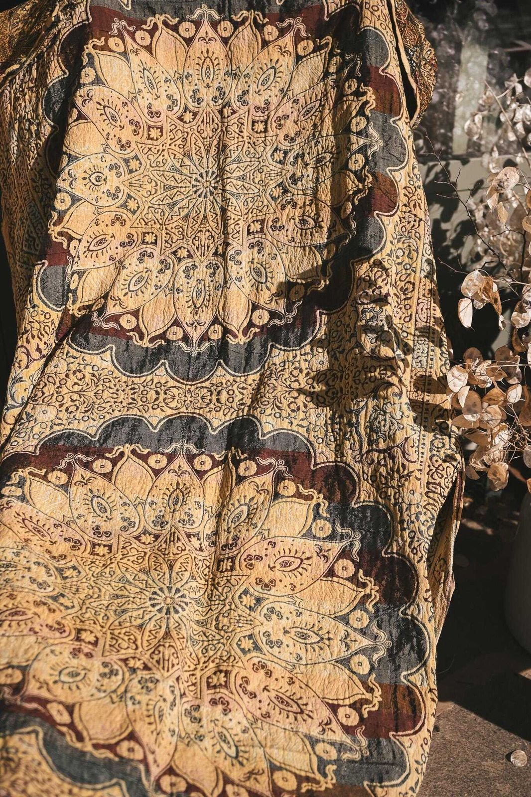 Antique Orientalist Throw Blanket Silk Accents Gold Lotus Mandala Early 20th Century 135x240cm photo for sale