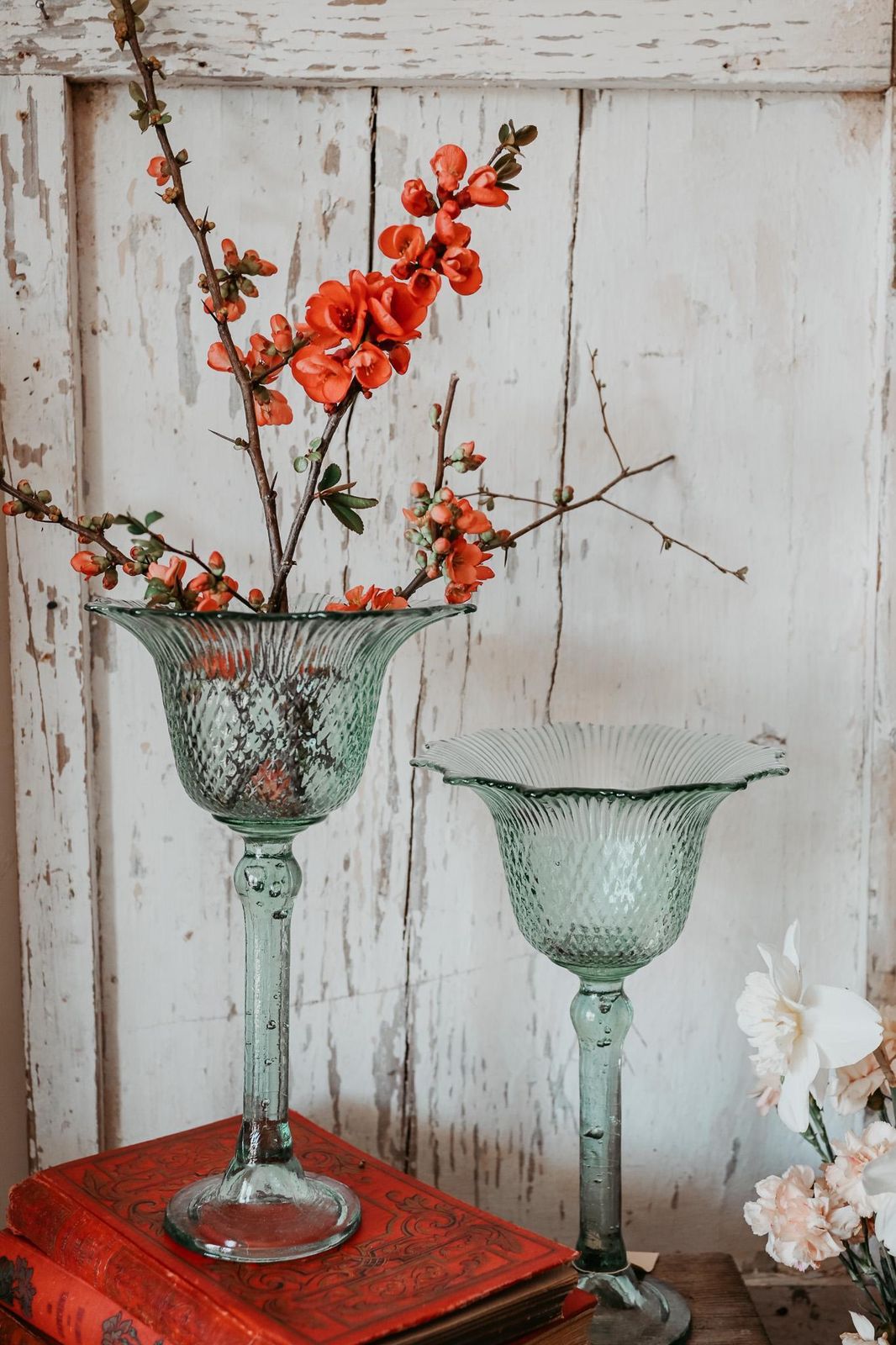 Pair Of Aqua Green Glass Compotes   Vintage Style Pedestal Vases photo furniture