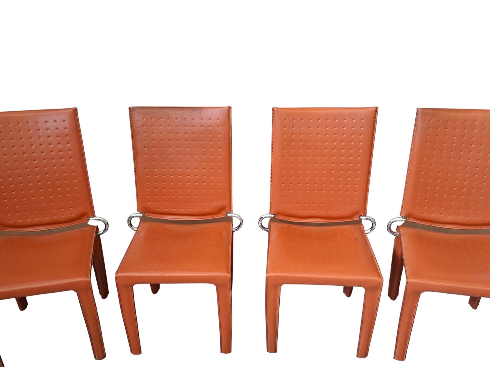 Set Di 4 Sedie Design In Cuoio Arancione E Ferro Vintage photo for sale