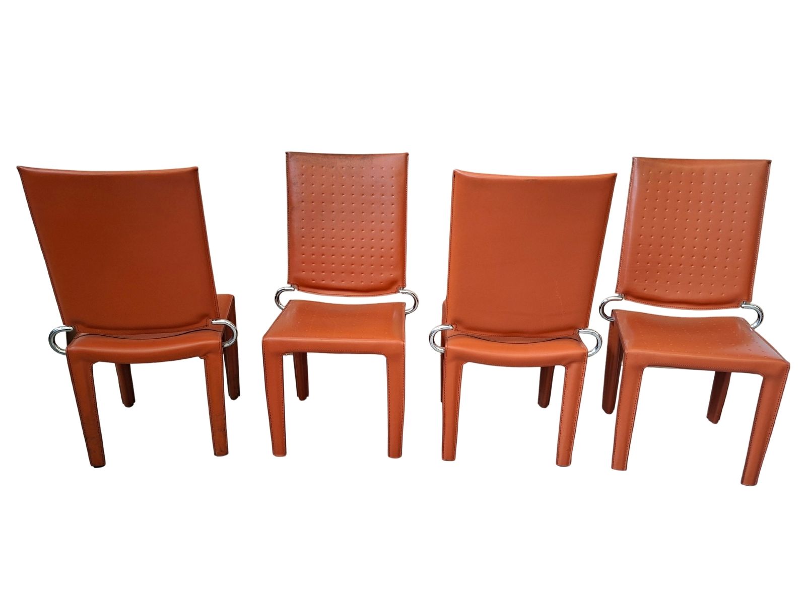 Set Di 4 Sedie Design In Cuoio Arancione E Ferro Vintage photo Furniture