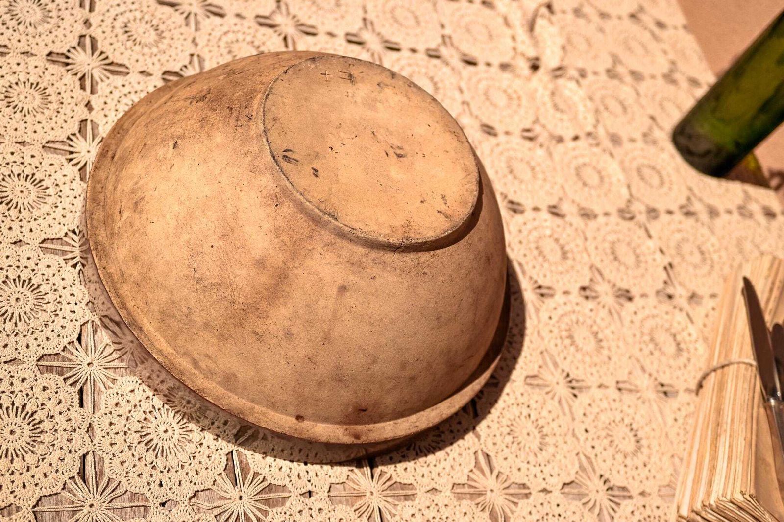 Antique French Stoneware Mixing Bowl Large Farmhouse Salad Bowl Brown Rim Glazed Interior 36cm photo Home Decor