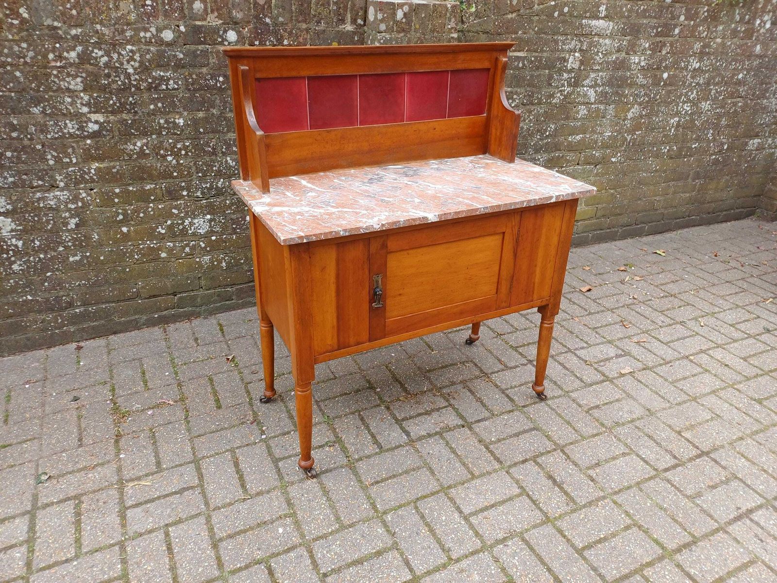 Early 20th Century Satinwood Washstand Marble Top Tile Back Antique Bedroom Cabinet On Casters Original Finish Edwardian Free Hand Delivery