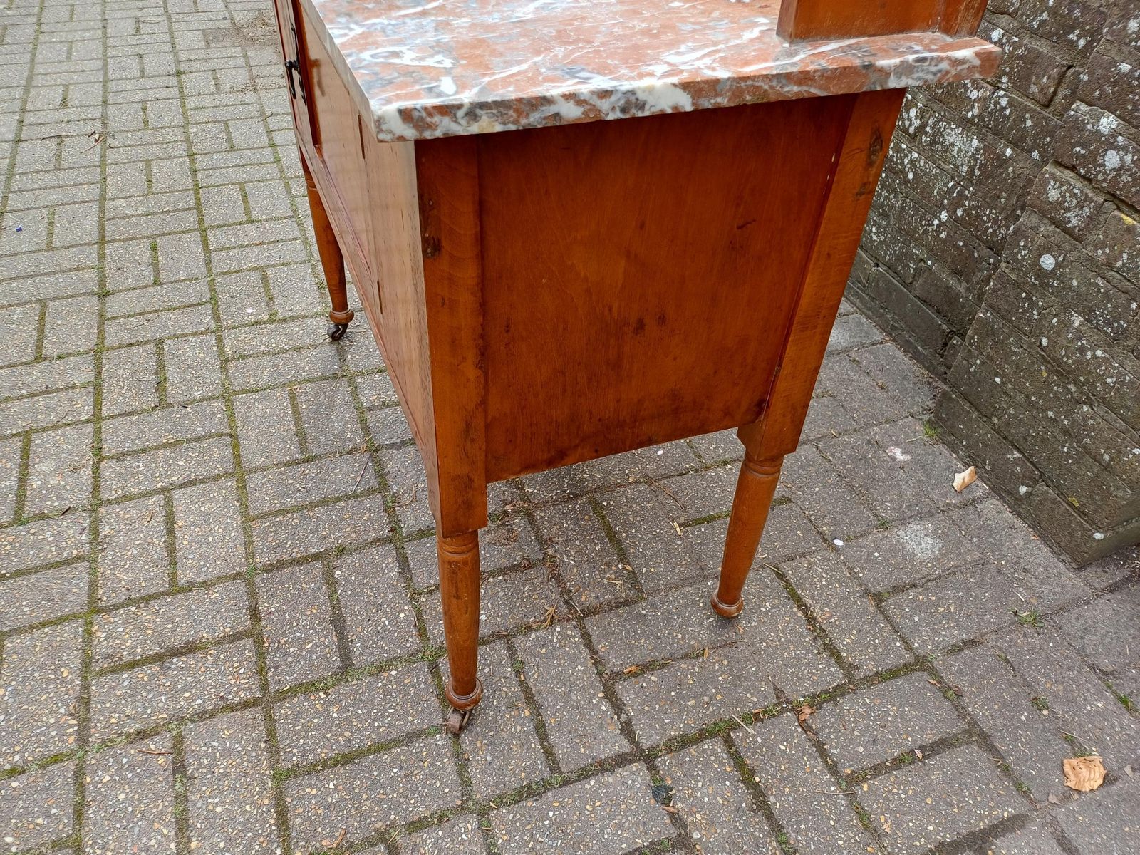 Early 20th Century Satinwood Washstand Marble Top Tile Back Antique Bedroom Cabinet On Casters Original Finish Edwardian Free Hand Delivery photo vintage