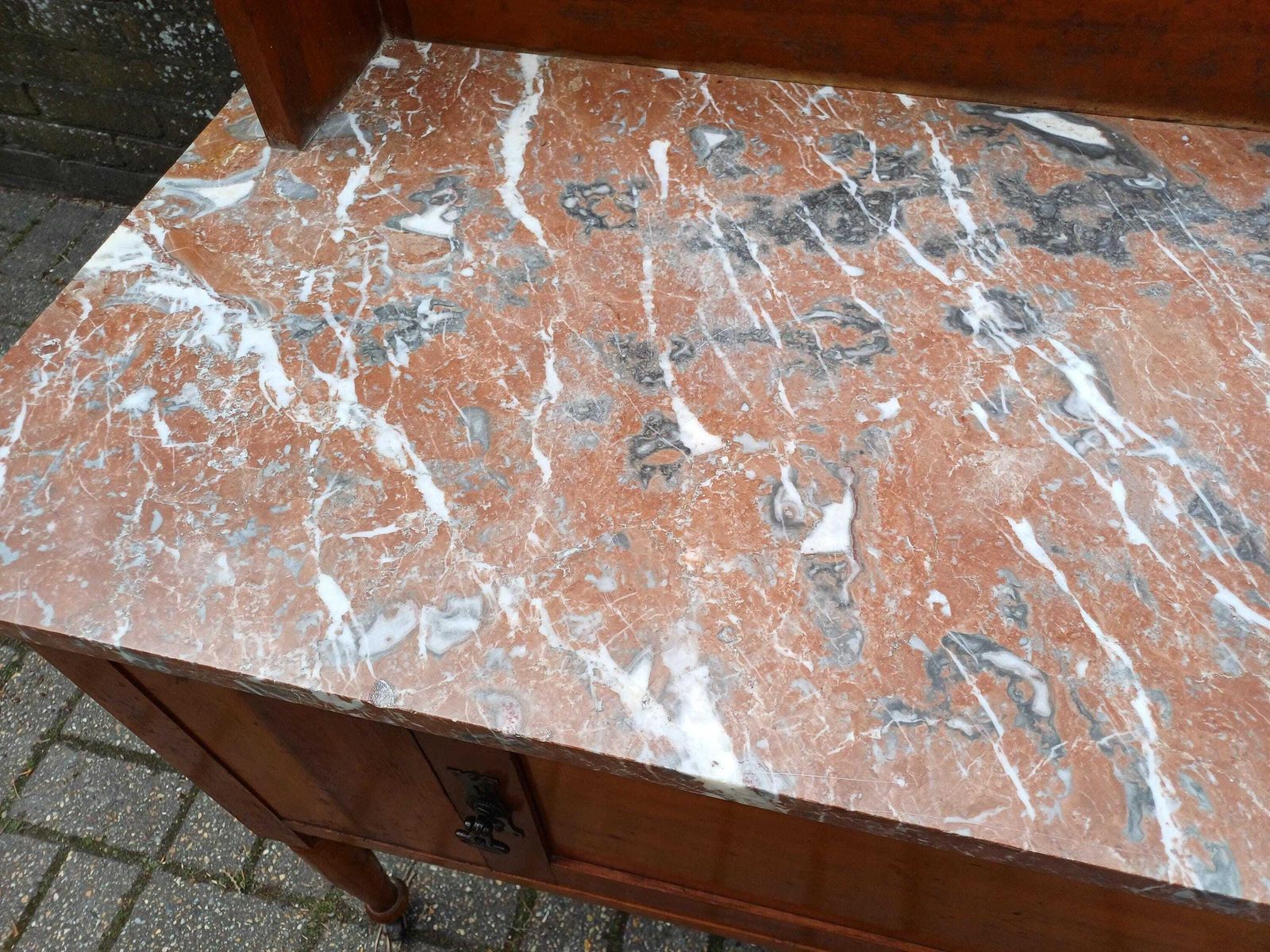 photo for sale Early 20th Century Satinwood Washstand Marble Top Tile Back Antique Bedroom Cabinet On Casters Original Finish Edwardian Free Hand Delivery