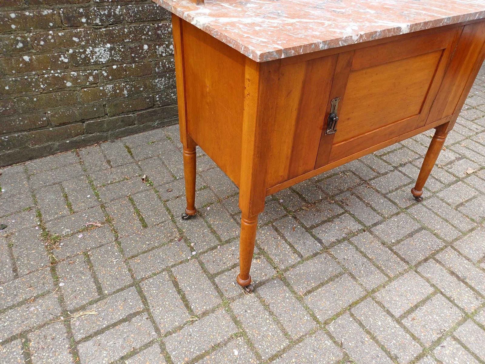 photo vinterior Early 20th Century Satinwood Washstand Marble Top Tile Back Antique Bedroom Cabinet On Casters Original Finish Edwardian Free Hand Delivery