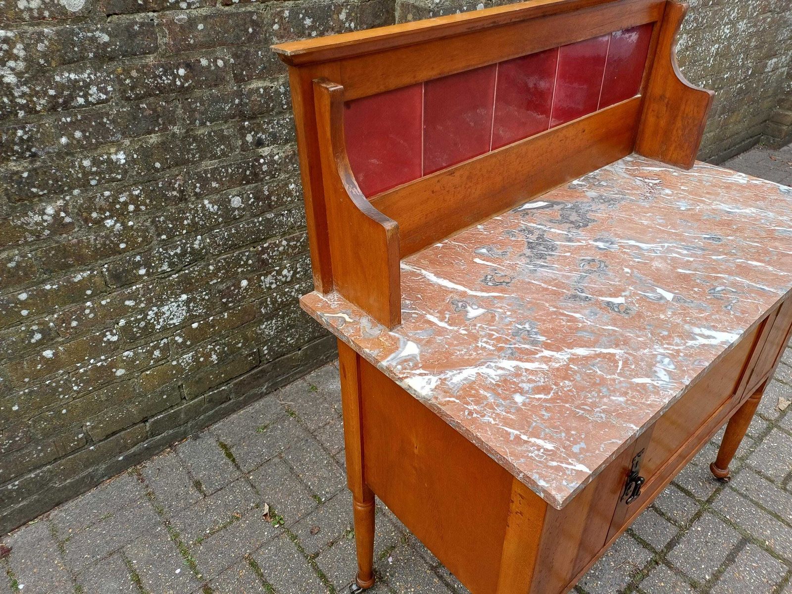 photo buy Early 20th Century Satinwood Washstand Marble Top Tile Back Antique Bedroom Cabinet On Casters Original Finish Edwardian Free Hand Delivery