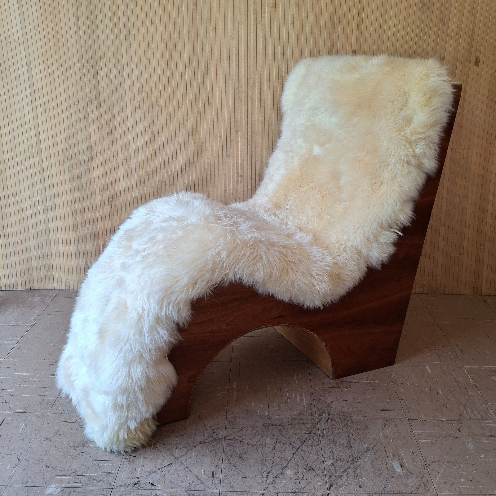 Fab Vintage Mid Century Sculptural Wave Chaise Lounge Bent Plywood Sheepskin photo vinterior