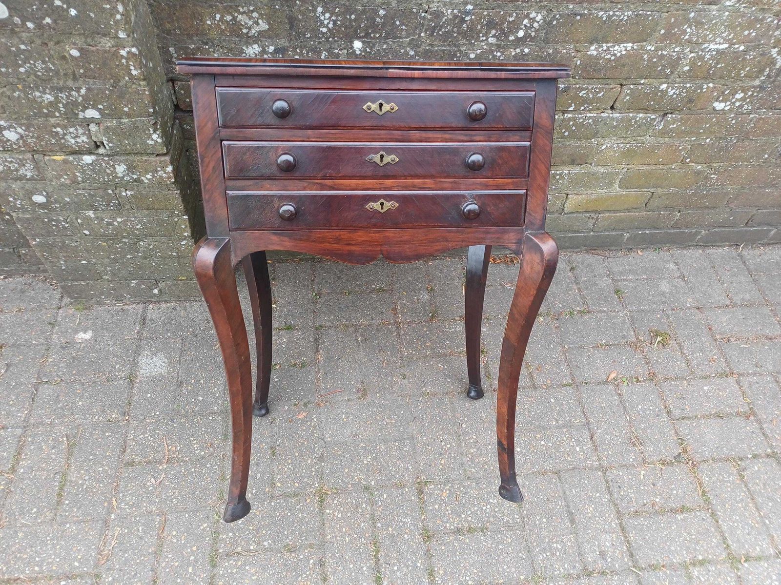 photo buy Antique Rosewood Side Table 3 Drawer Chest Georgian Style Writing Table Vintage Cabinet Brass Escutcheons
