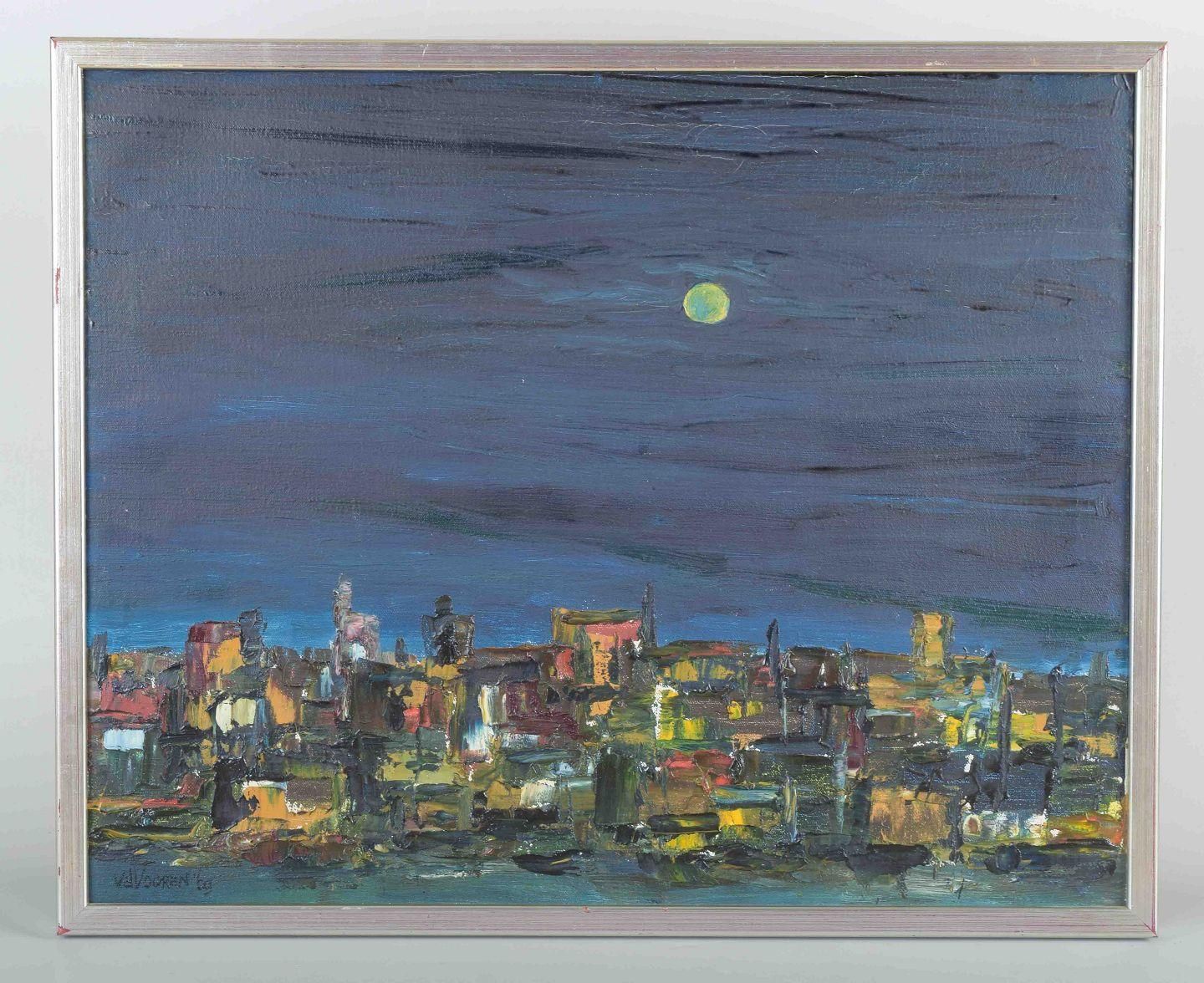 Van De Vooren, Dutch Artist. Oil On Canvas. Expressive Nocturnal Cityscape 1969 photo furniture