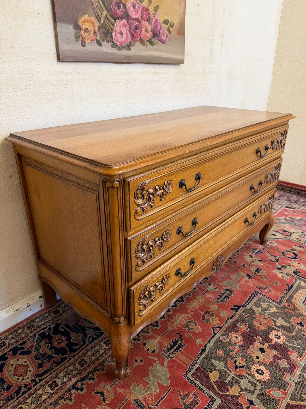 Quality French Carved Oak Chest Of Three Drawers Circa 1950 photo Furniture