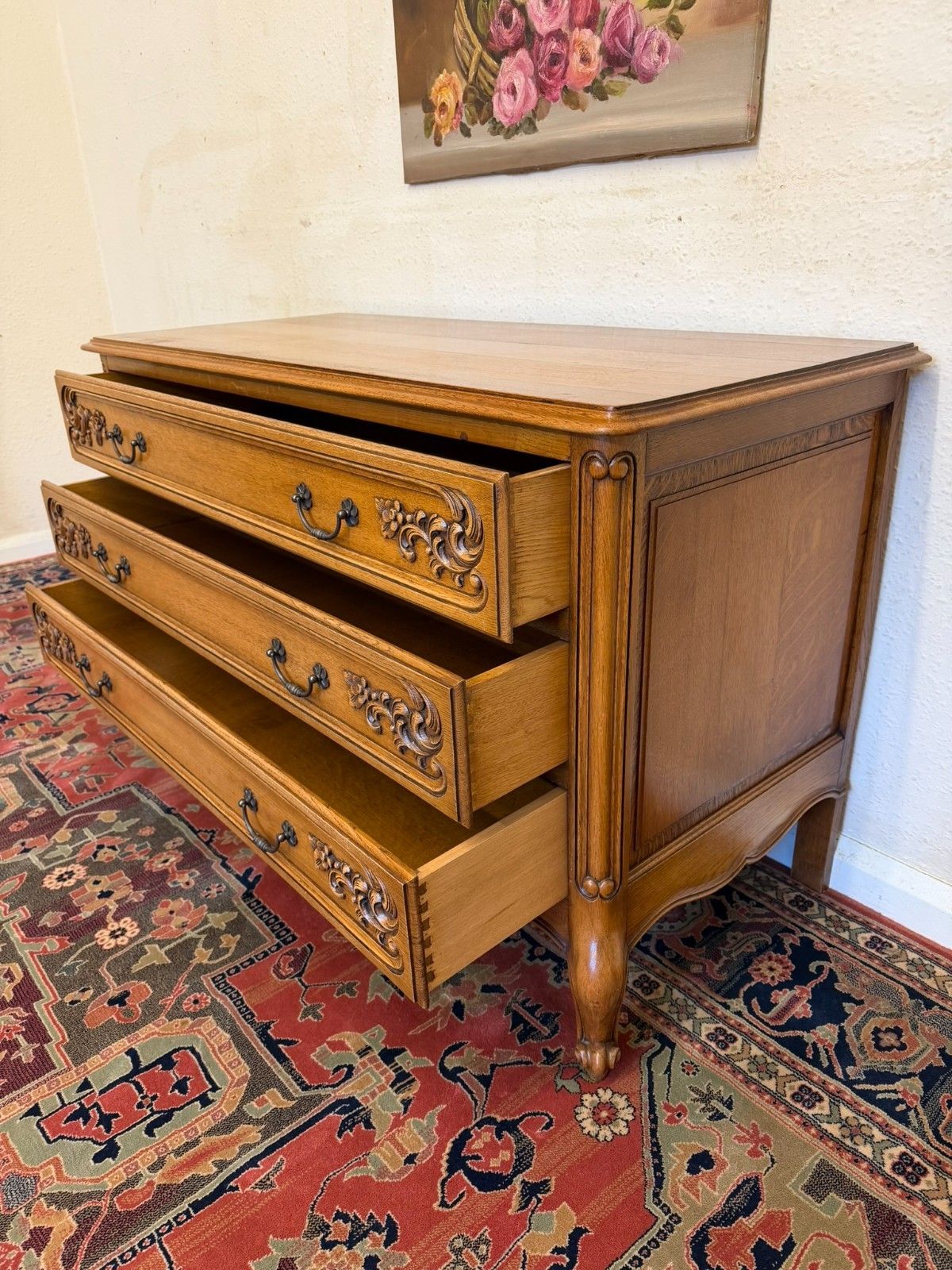 Quality French Carved Oak Chest Of Three Drawers Circa 1950 photo buy