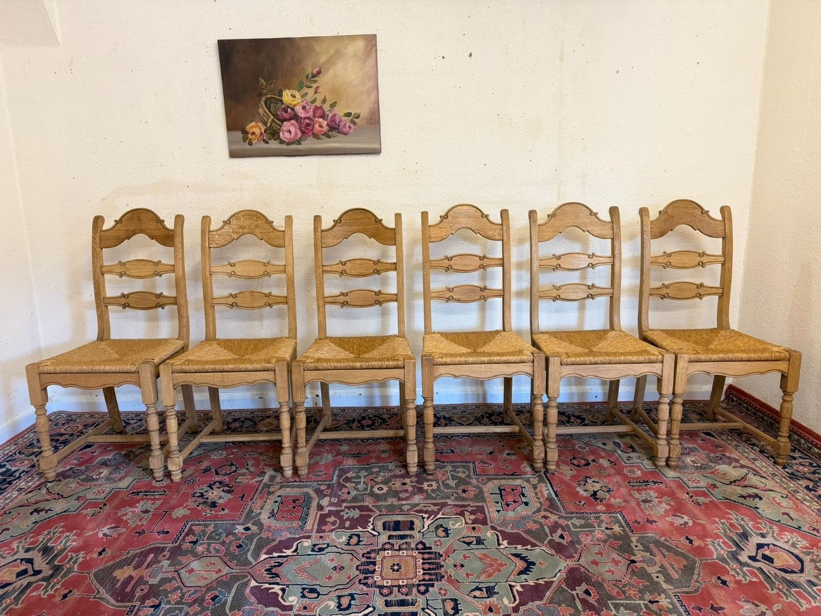 Set Of Six French Farmhouse Raw Oak Dining Chairs Circa 1930 photo for sale