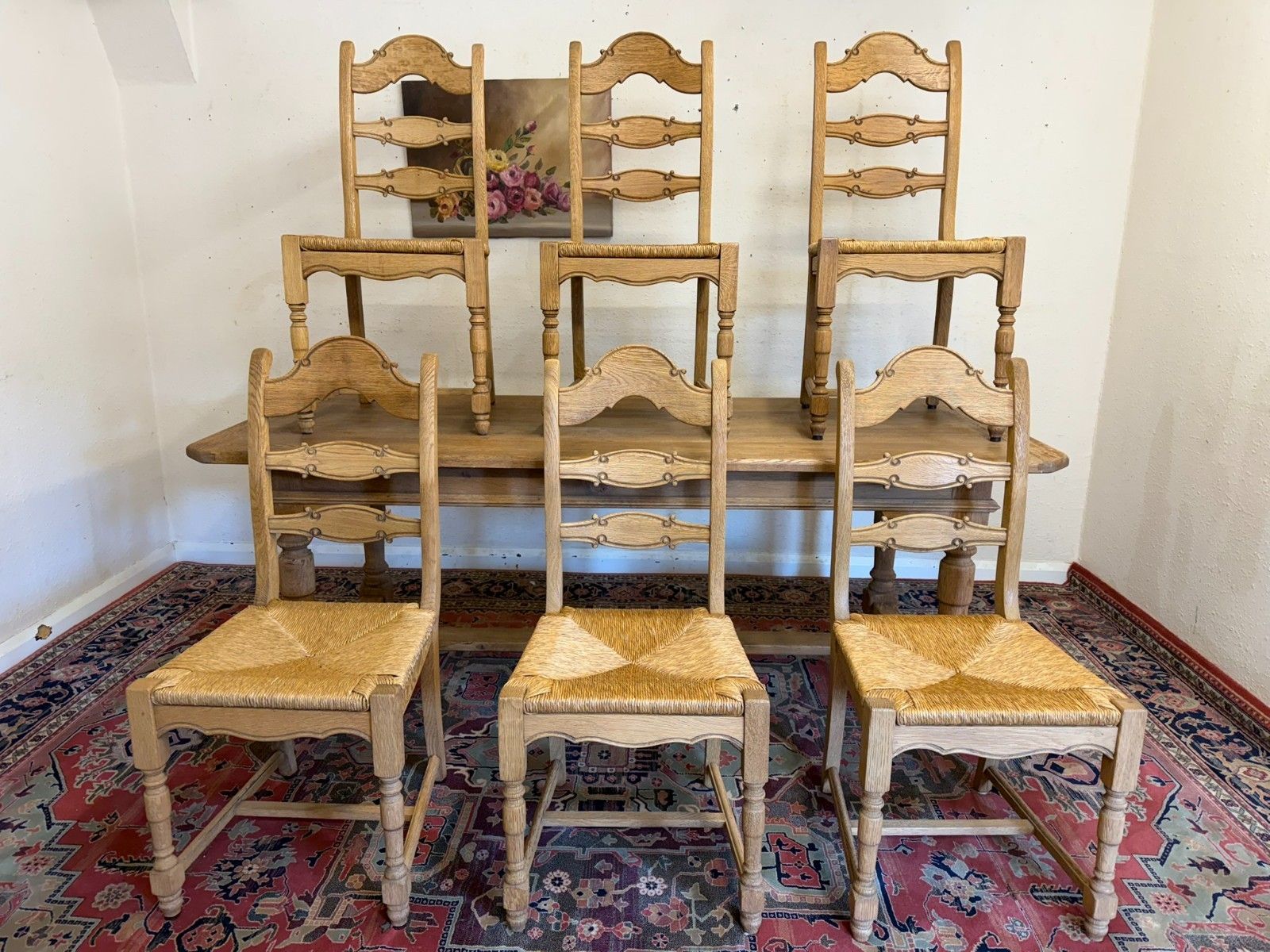 495.0 Set Of Six French Farmhouse Raw Oak Dining Chairs Circa 1930 photo