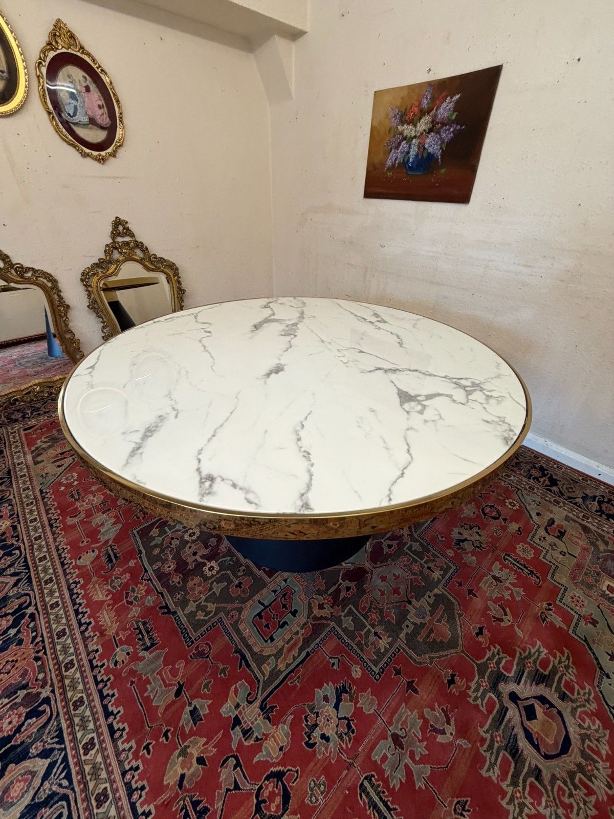 Mid Century Modern Circular Marble Top Dining Table Circa 1960 photo vintage