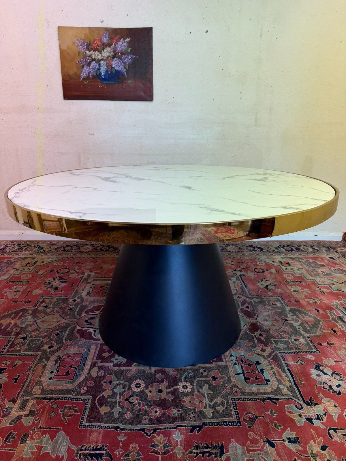 Furniture Mid Century Modern Circular Marble Top Dining Table Circa 1960 photo