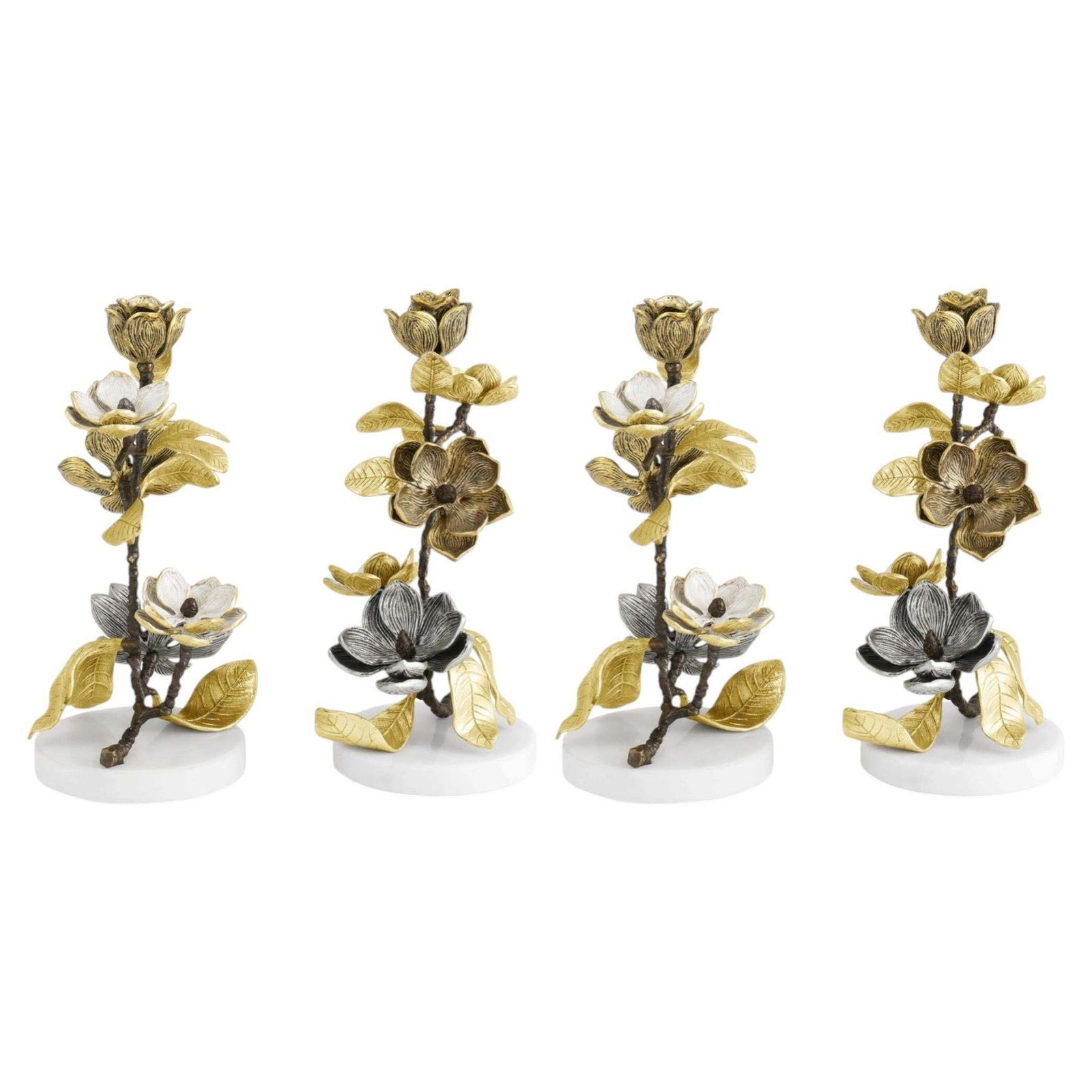 Set Of 4 Contemporary Gold And Silver Metal Floral Candleholders