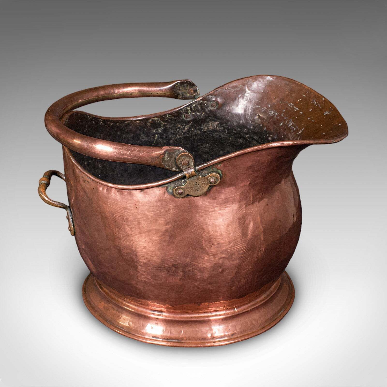 Antique Helmet Coal Scuttle, English, Copper, Fireplace Fuel Keeper, Victorian photo for sale