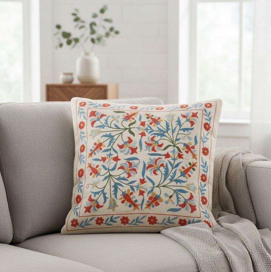 21"X20" 100% Silk Cushion Cover. Embroidered Accent Pillow. Luxury Throw Pillow