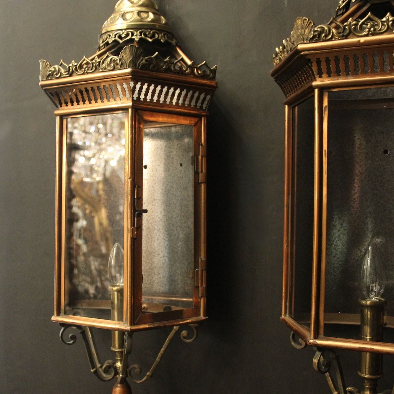 French Pair Of Brass & Copper Half Lanterns photo for sale