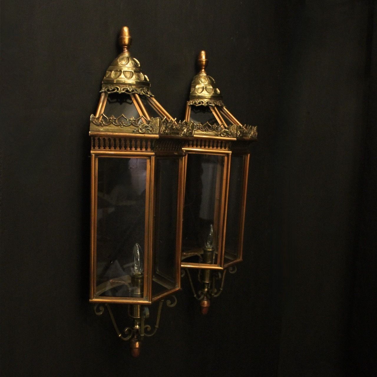 photo for sale French Pair Of Brass & Copper Half Lanterns