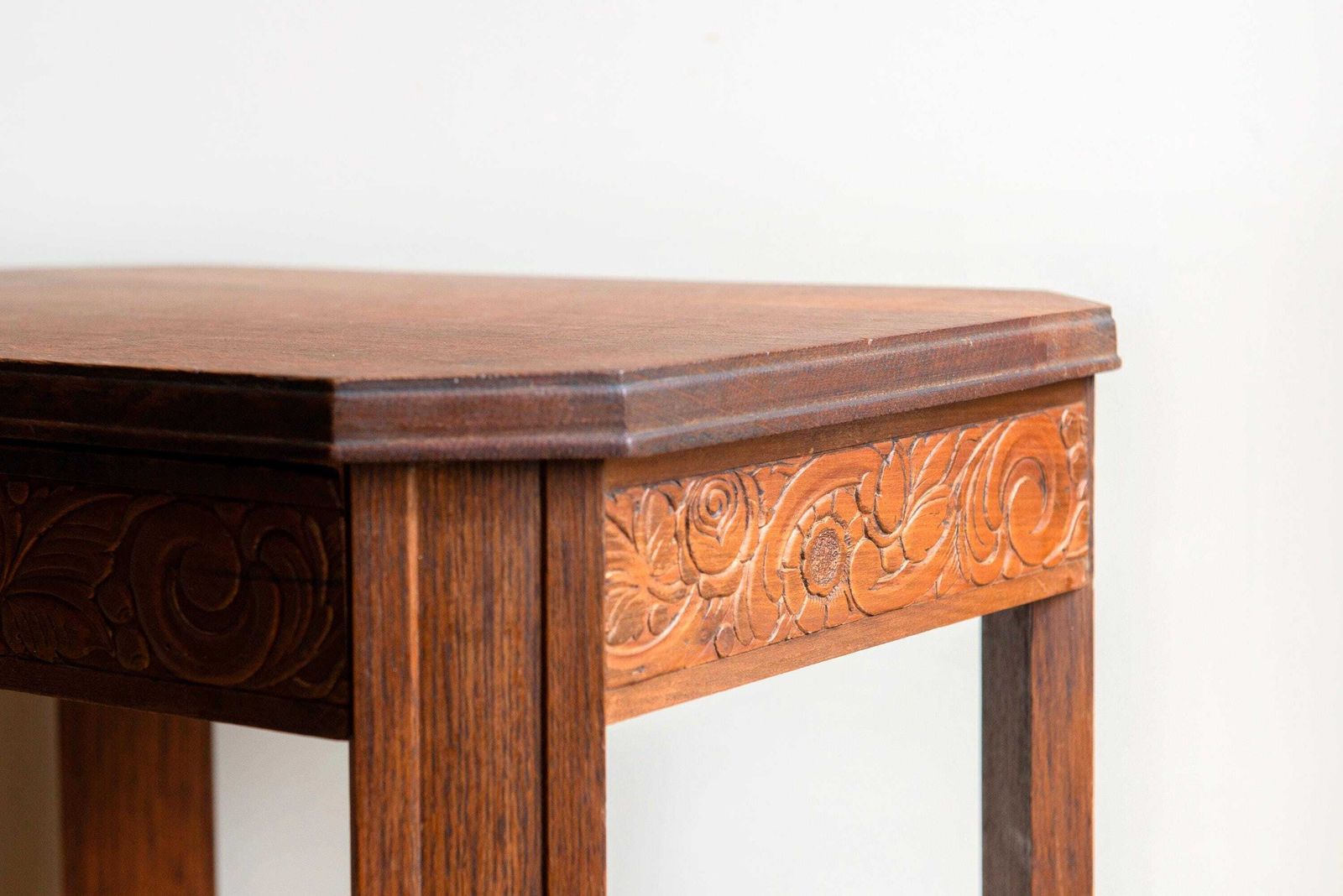 photo furniture Art Deco Oak Side Table With Drawer – Carved Wooden Accent Table – Antique French Furniture